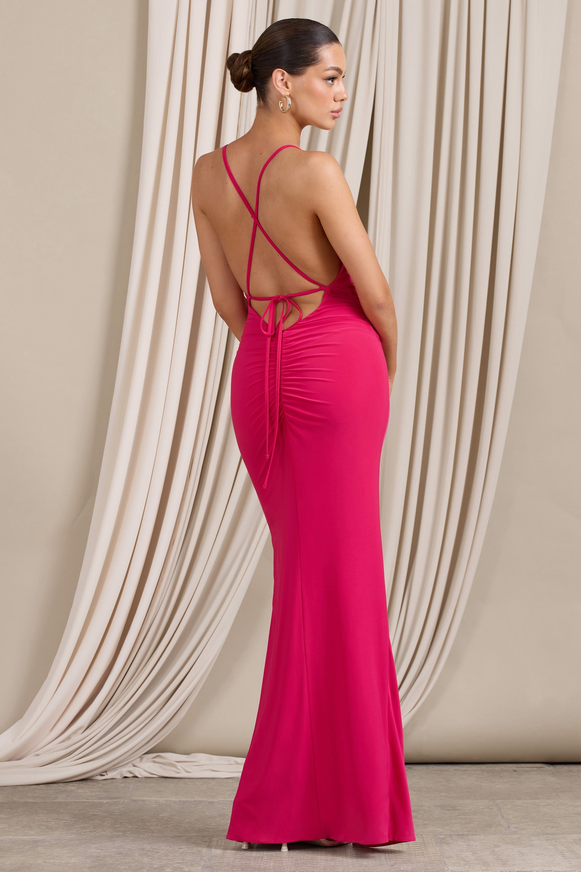 Future Love Hot Pink Ruched Cowl Maxi Dress With Thigh Split-Fashionmomo.All Rights Reserved