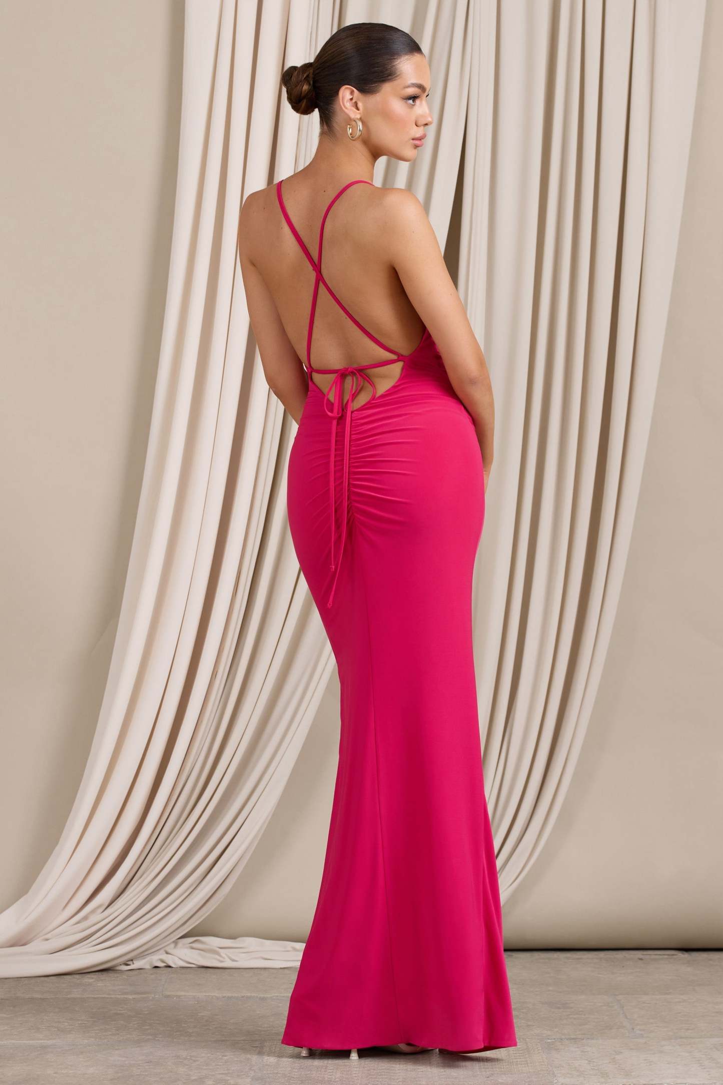 Future Love Hot Pink Ruched Cowl Maxi Dress With Thigh Split-Fashionmomo.All Rights Reserved