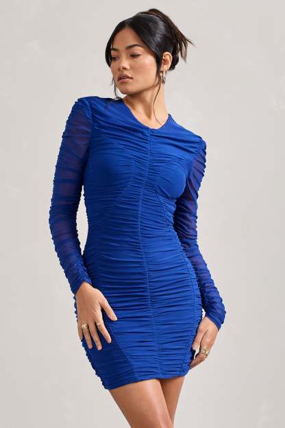 Euphoria Cobalt Blue Ruched Long Sleeve Mini Dress-Fashionmomo.All Rights Reserved