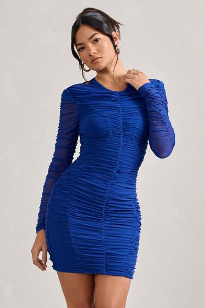 Euphoria Cobalt Blue Ruched Long Sleeve Mini Dress-Fashionmomo.All Rights Reserved