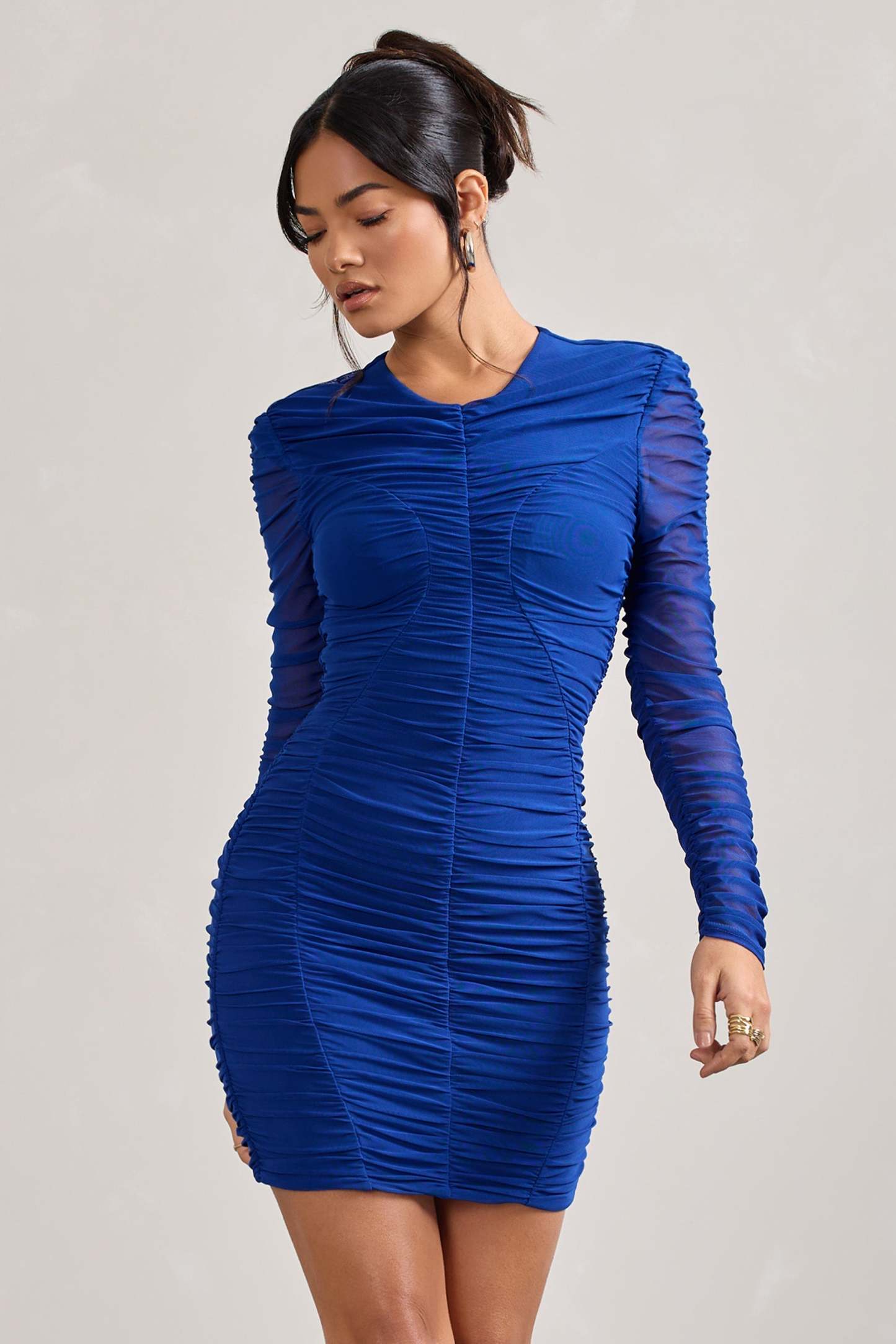 Euphoria Cobalt Blue Ruched Long Sleeve Mini Dress-Fashionmomo.All Rights Reserved