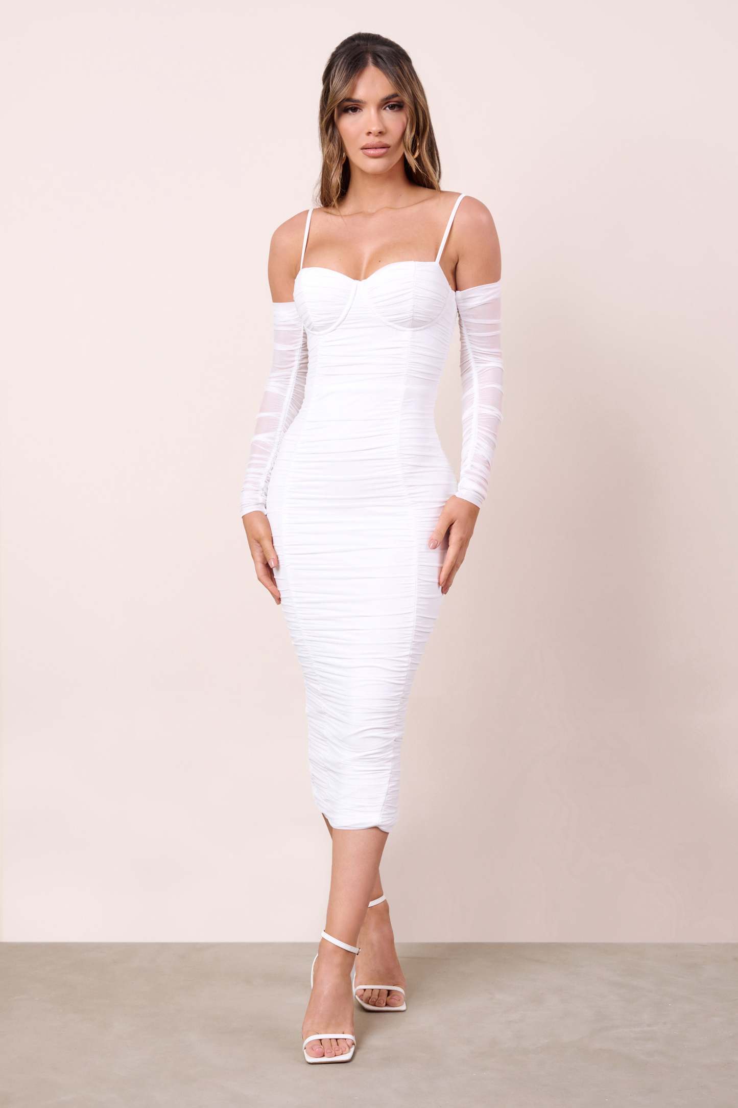 Happiness Ivory Off The Shoulder Long Sleeve Ruched Mesh Midi Dress-Fashionmomo.All Rights Reserved