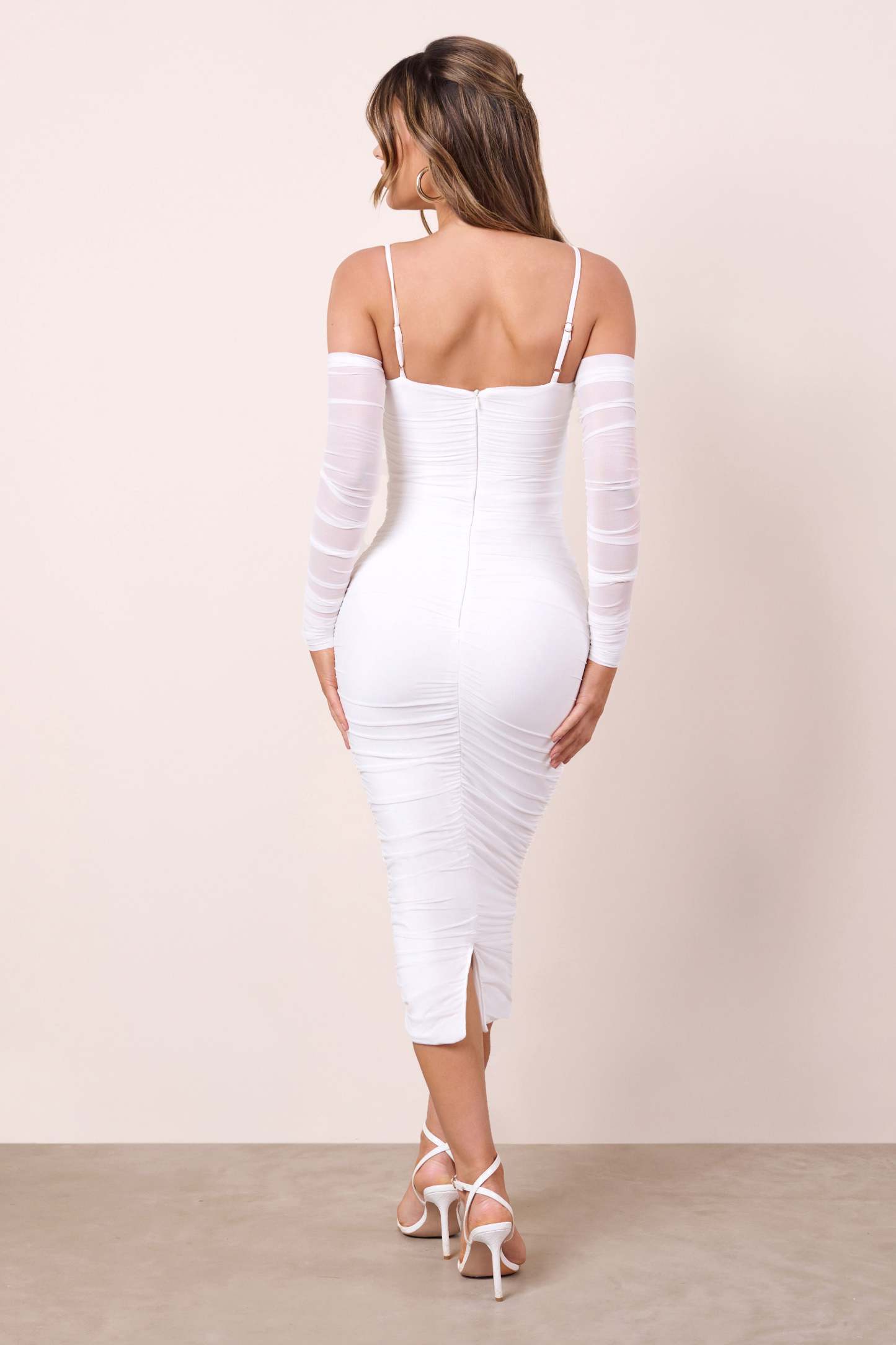 Happiness Ivory Off The Shoulder Long Sleeve Ruched Mesh Midi Dress-Fashionmomo.All Rights Reserved