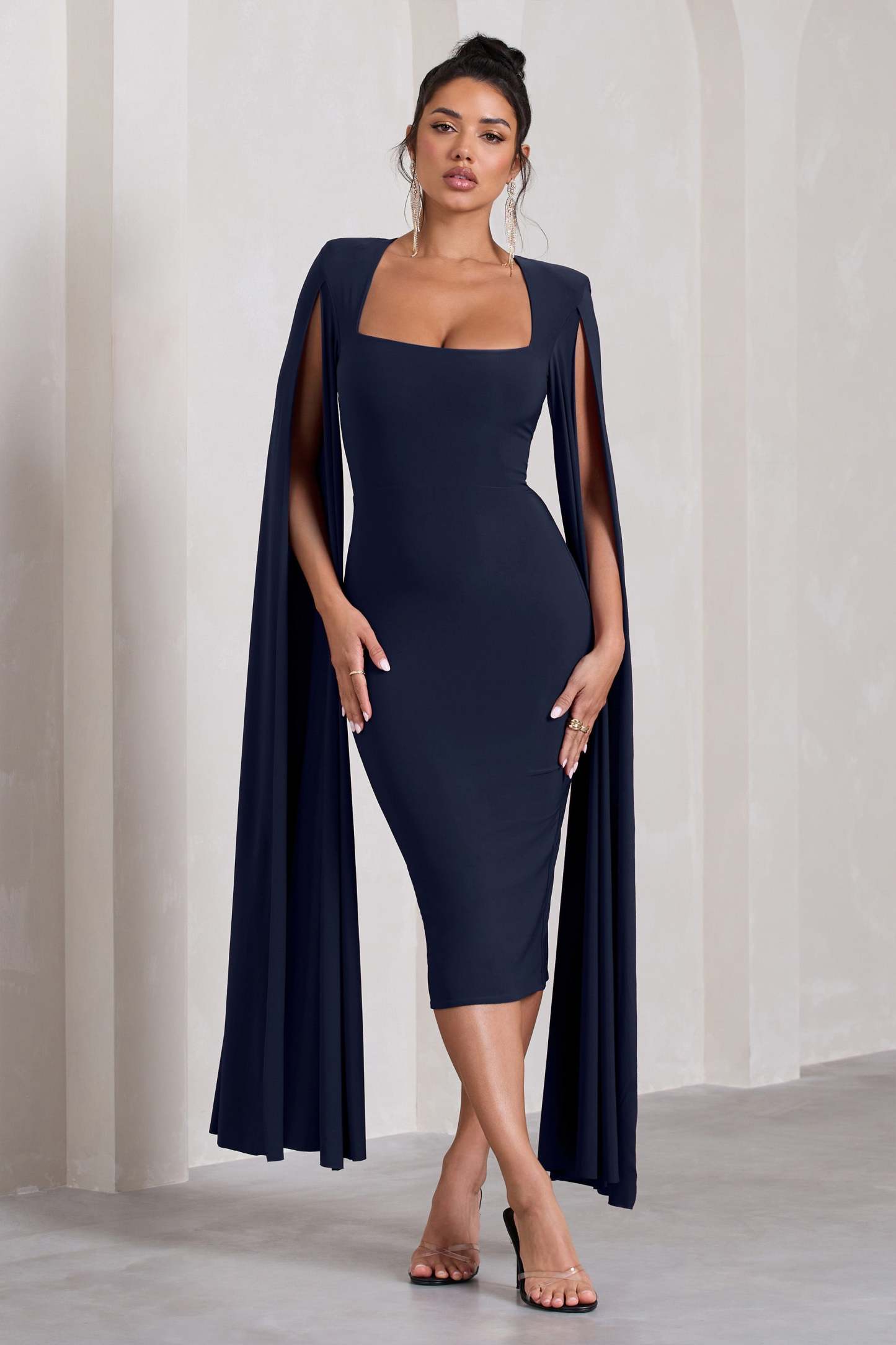 Flawless Navy Square Neck Midi Dress With Cape Sleeves-Fashionmomo.All Rights Reserved