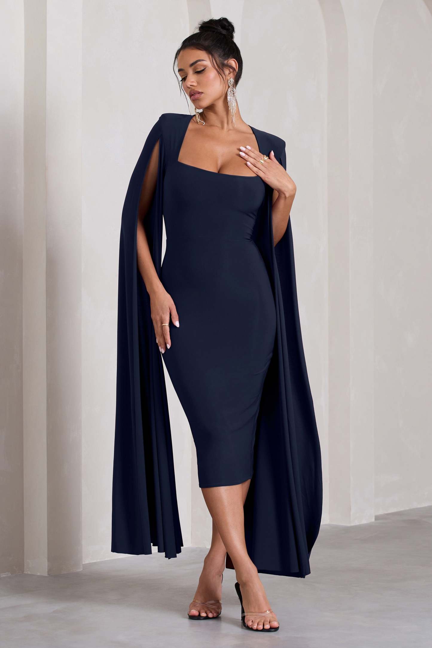 Flawless Navy Square Neck Midi Dress With Cape Sleeves-Fashionmomo.All Rights Reserved