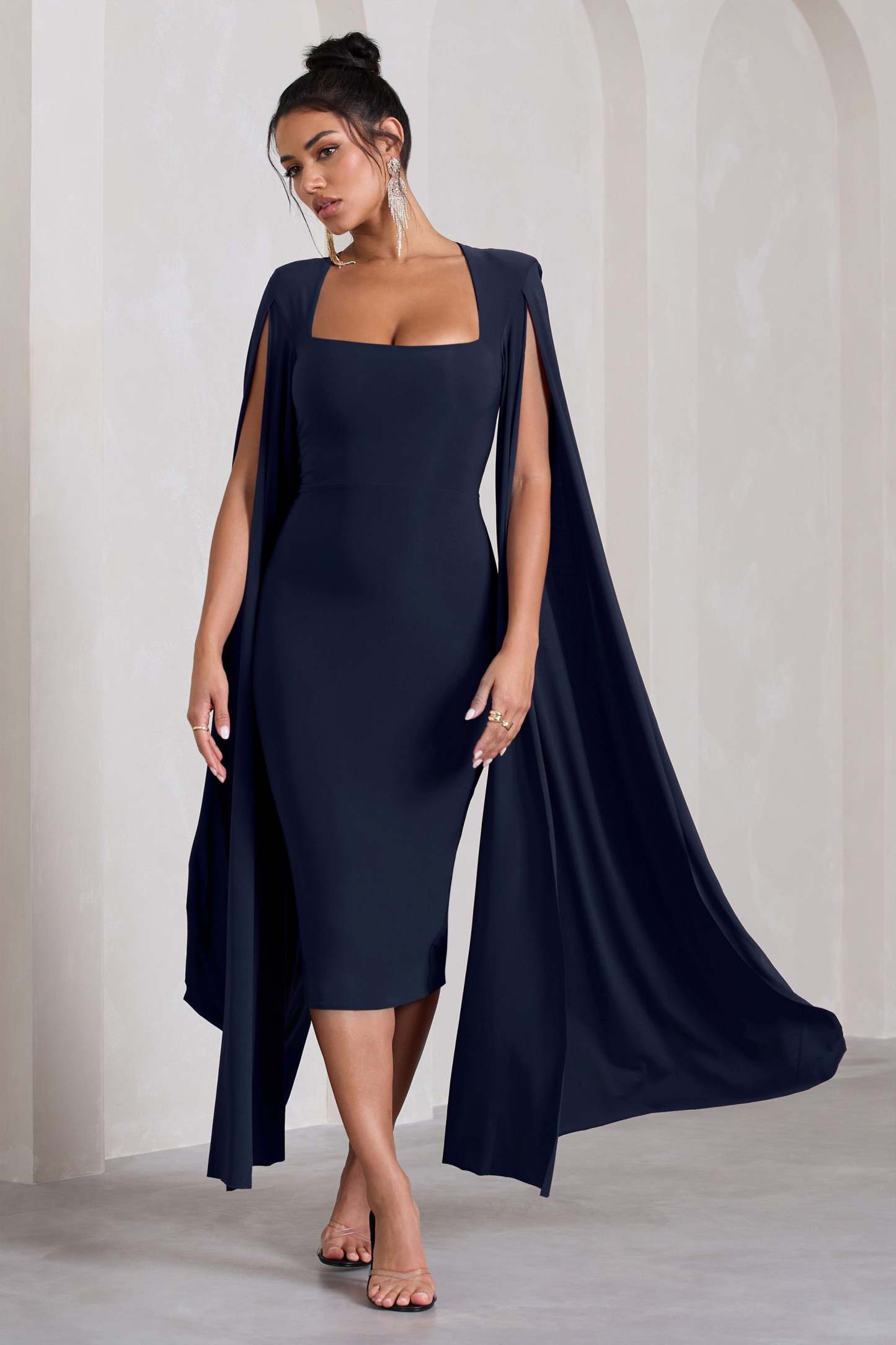 Flawless Navy Square Neck Midi Dress With Cape Sleeves-Fashionmomo.All Rights Reserved