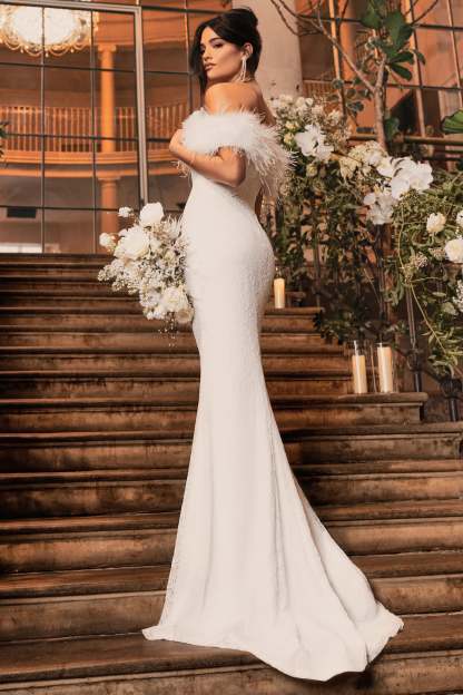 Idyll White Lace Bardot Feather Fishtail Maxi Dress-Fashionmomo.All Rights Reserved