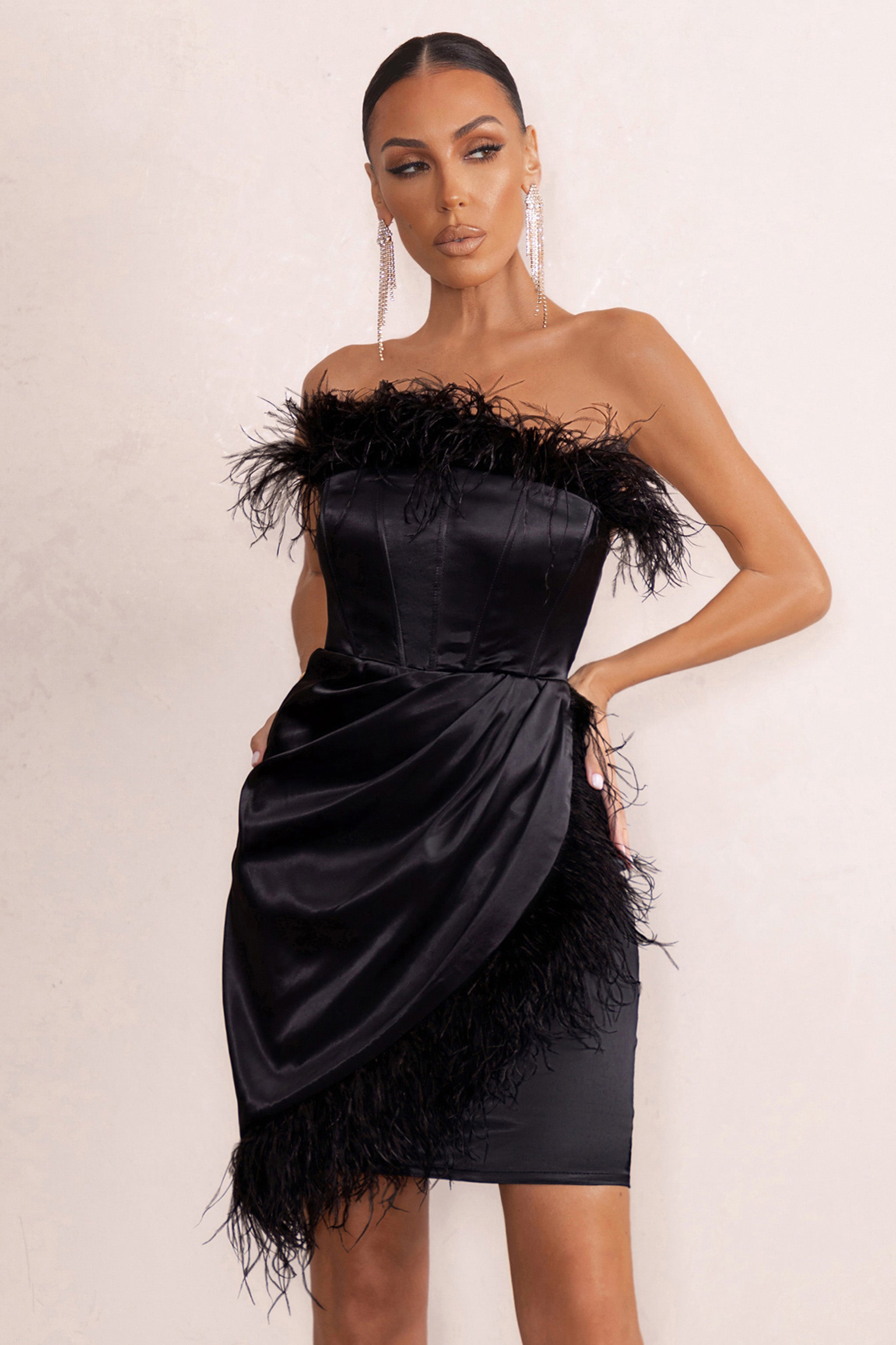Forever High Black Bandeau Wrap Front Mini Dress With Feather Trim-Fashionmomo.All Rights Reserved