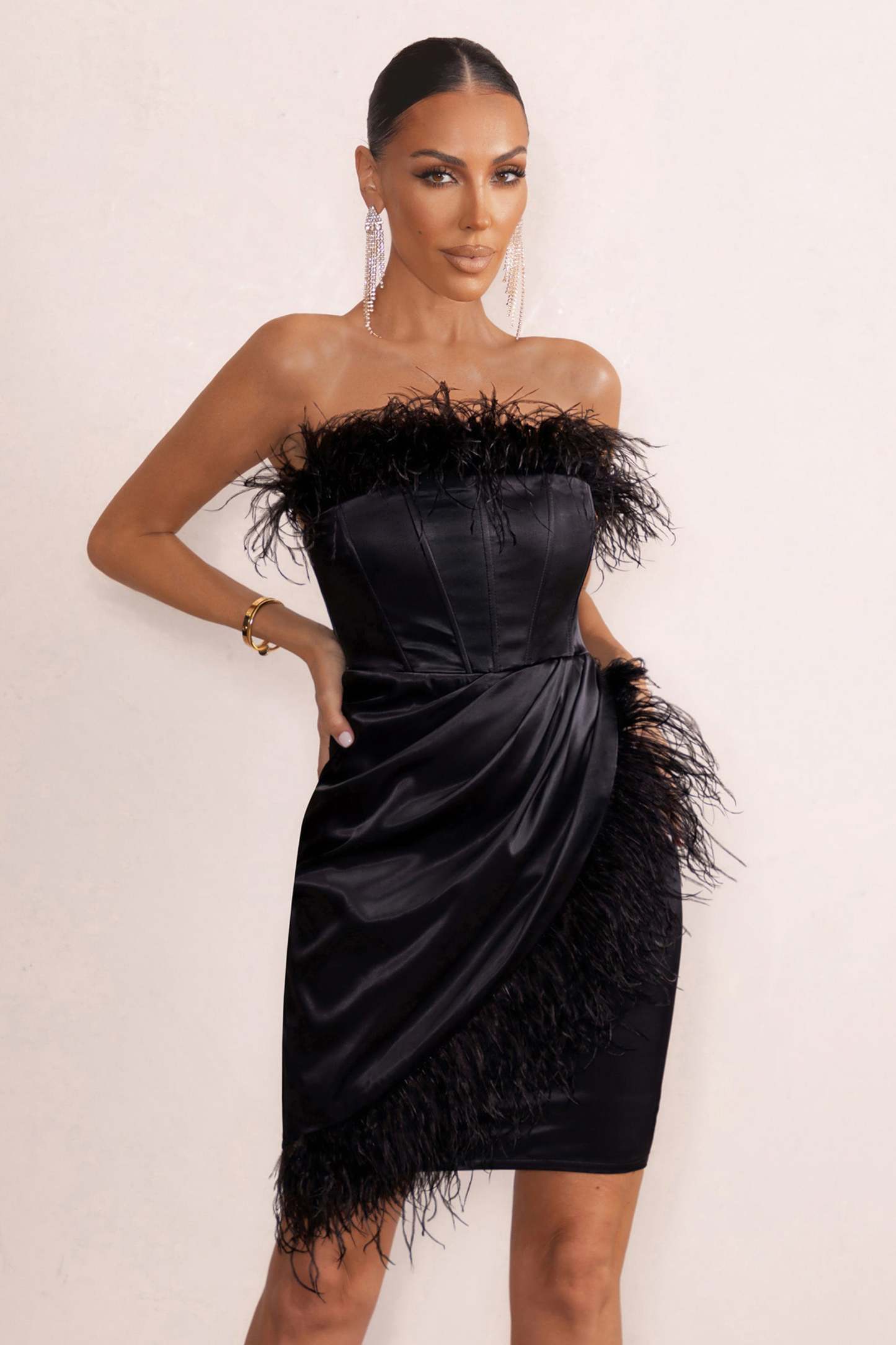 Forever High Black Bandeau Wrap Front Mini Dress With Feather Trim-Fashionmomo.All Rights Reserved