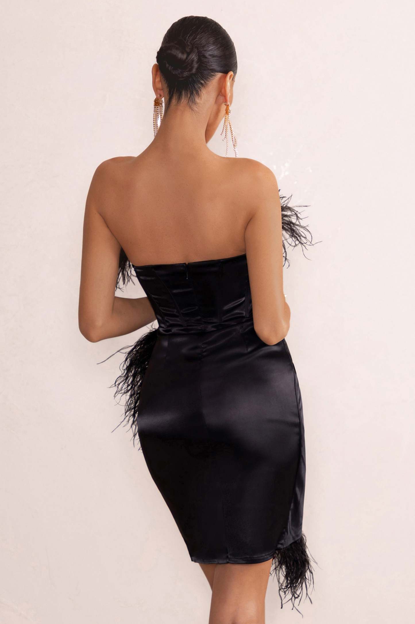 Forever High Black Bandeau Wrap Front Mini Dress With Feather Trim-Fashionmomo.All Rights Reserved