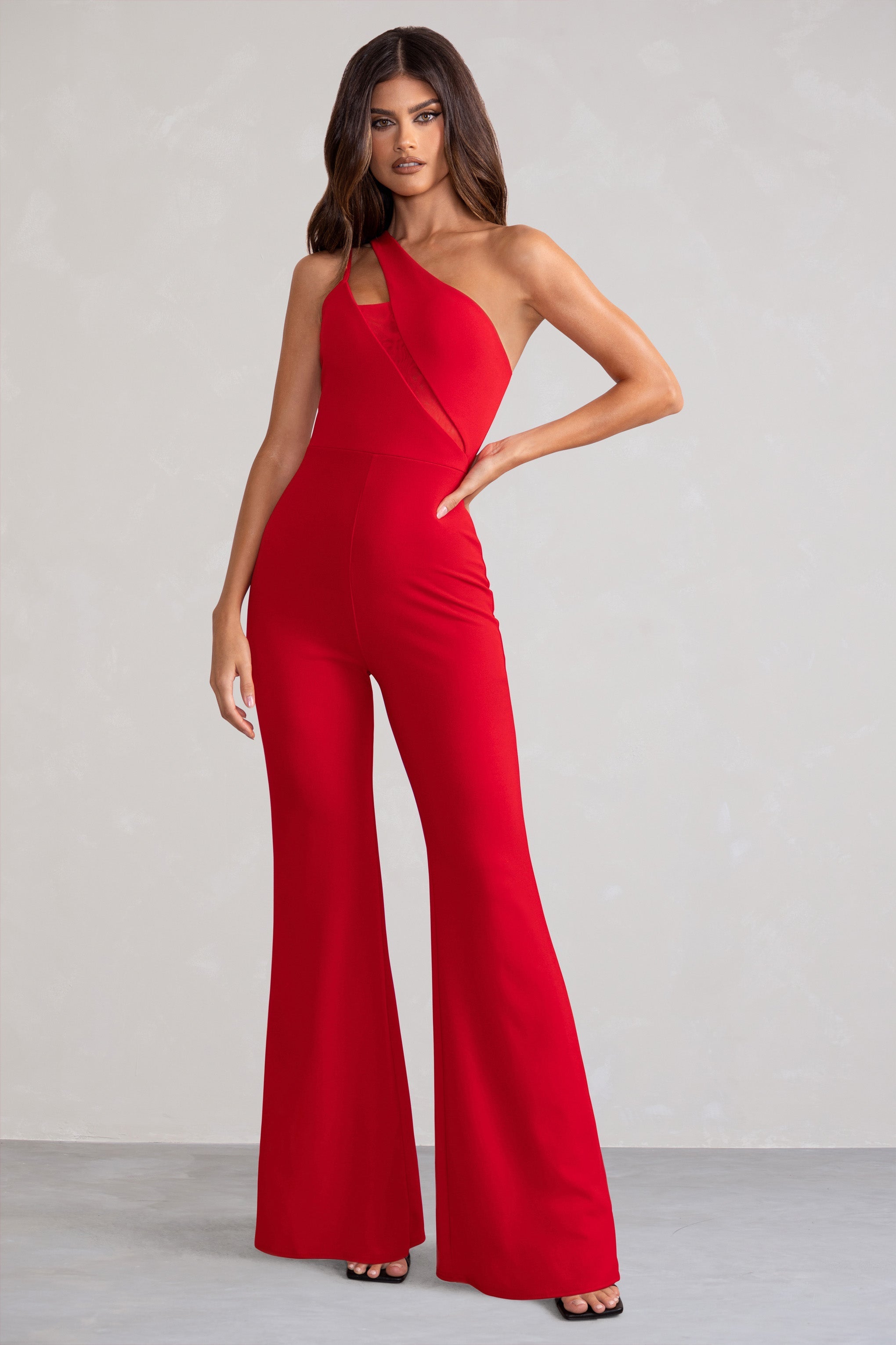 Bold Confidence Red One Shoulder Cut Out Flare Jumpsuit-Fashionmomo.All Rights Reserved