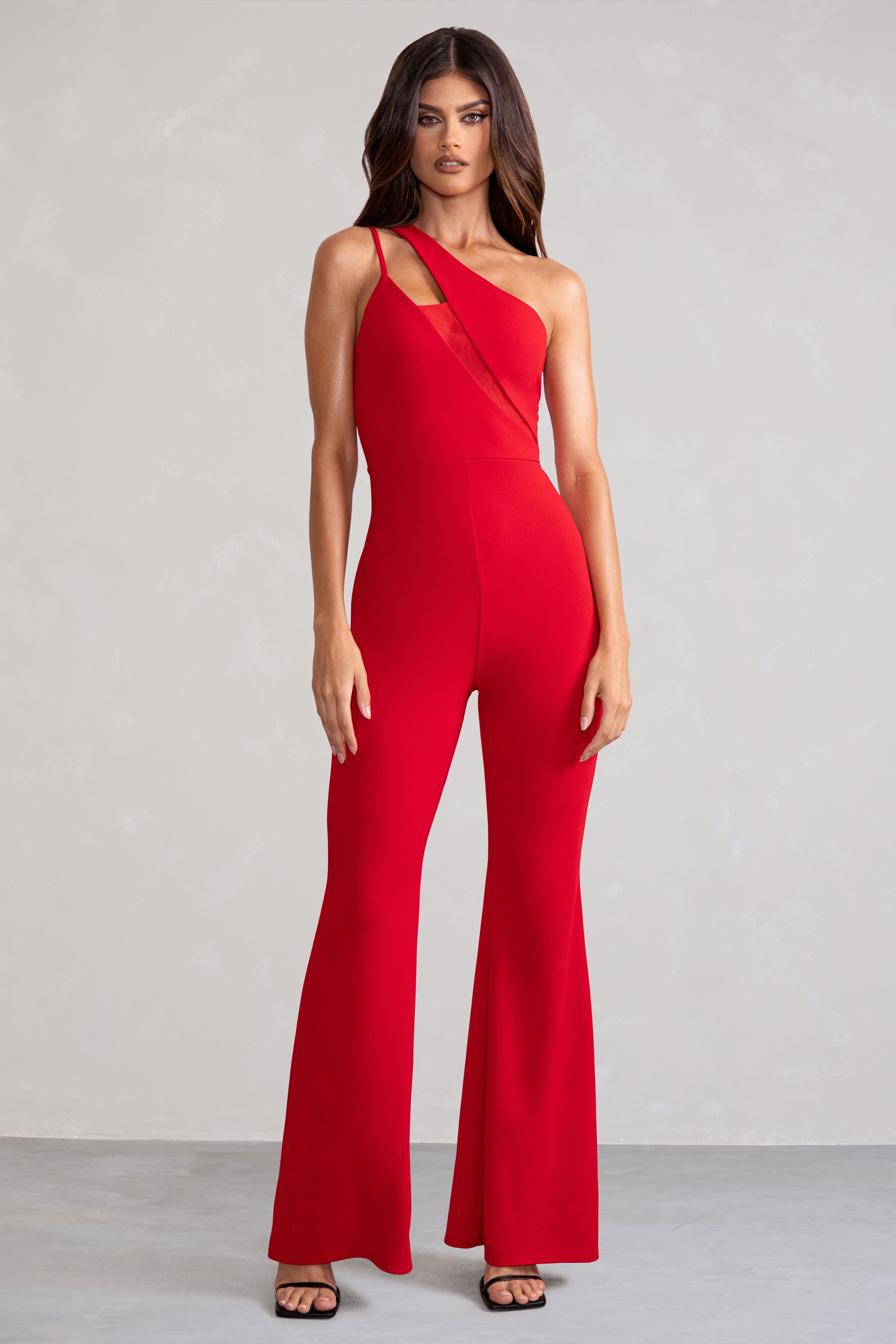 Bold Confidence Red One Shoulder Cut Out Flare Jumpsuit-Fashionmomo.All Rights Reserved