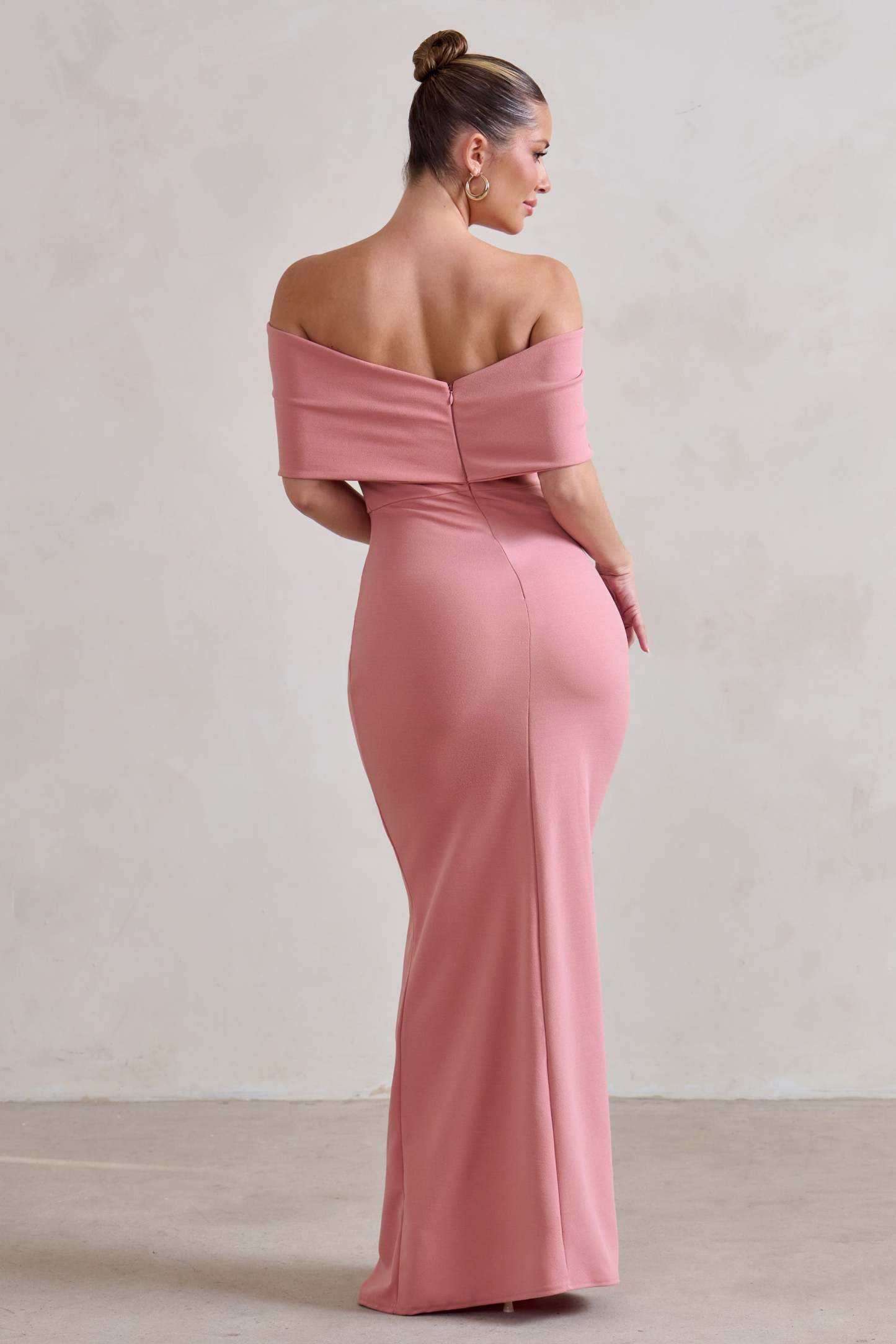 Eva Powder Pink Bardot Bow Detail Maxi Dress With Thigh Split-Fashionmomo.All Rights Reserved