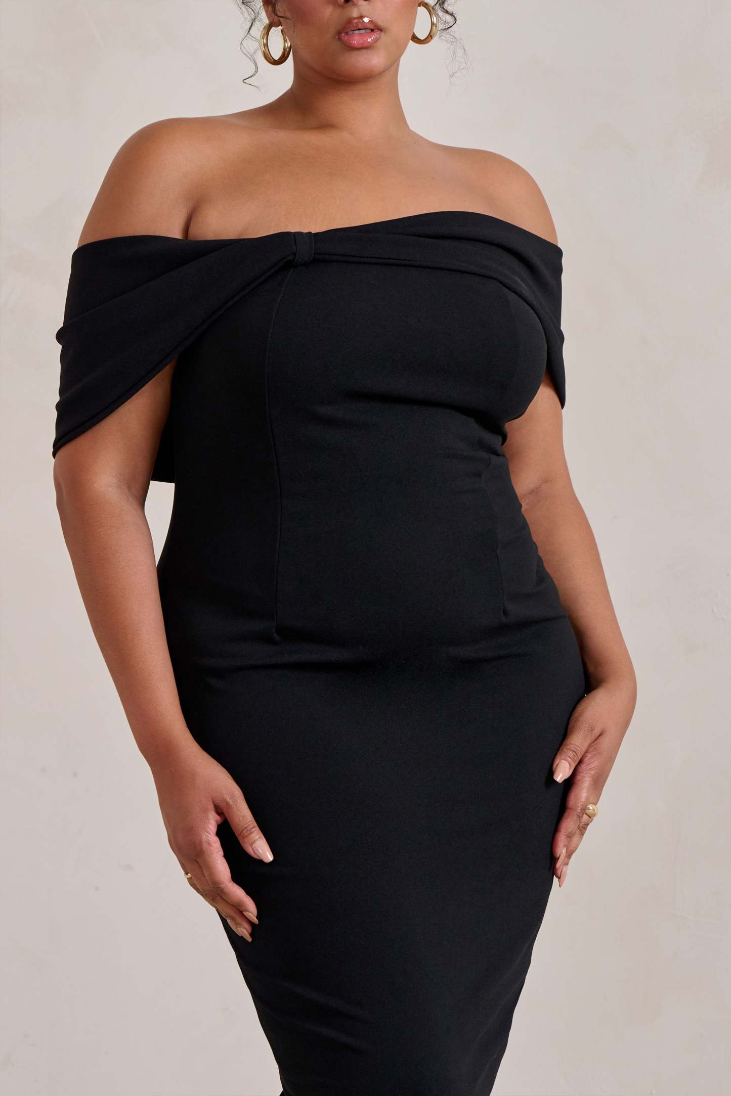 Alyssa Black Bardot Bow Detail Midi Dress-Fashionmomo.All Rights Reserved