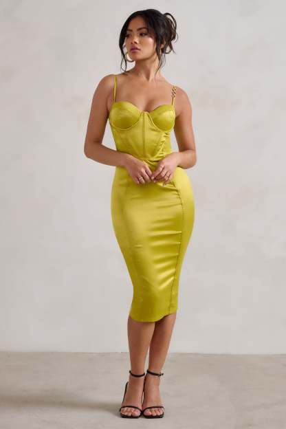 Camilla Lime Satin Square Neck Corset Bodice Midi Dress-Fashionmomo.All Rights Reserved