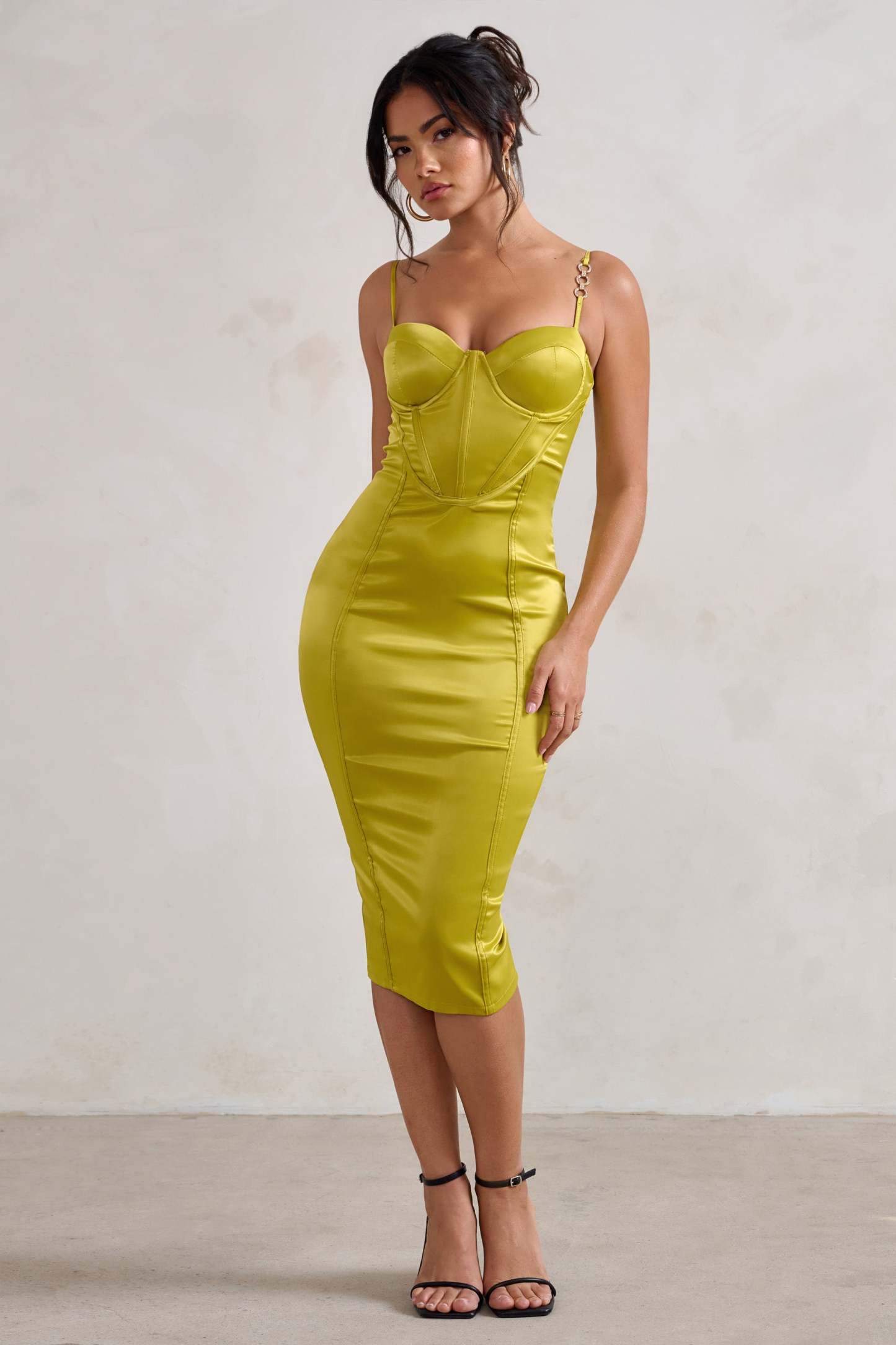 Camilla Lime Satin Square Neck Corset Bodice Midi Dress-Fashionmomo.All Rights Reserved