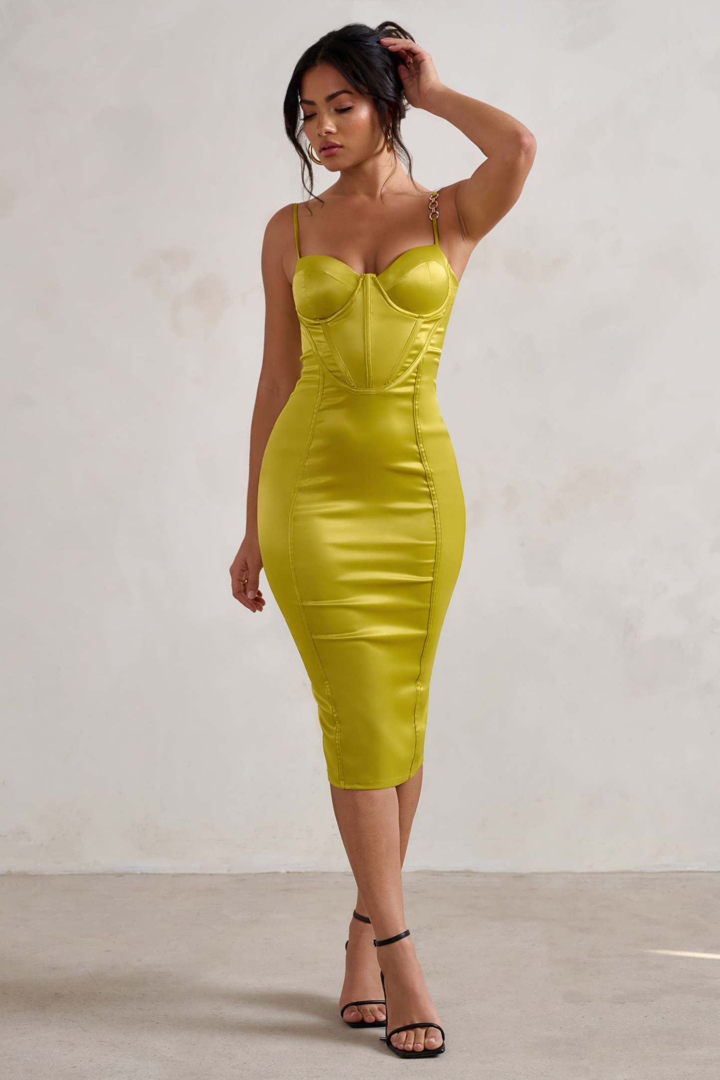 Camilla Lime Satin Square Neck Corset Bodice Midi Dress-Fashionmomo.All Rights Reserved