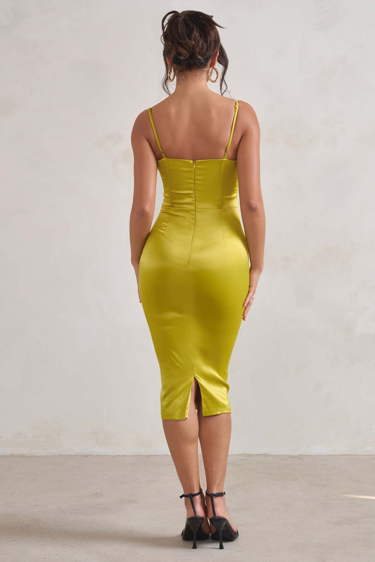 Camilla Lime Satin Square Neck Corset Bodice Midi Dress-Fashionmomo.All Rights Reserved