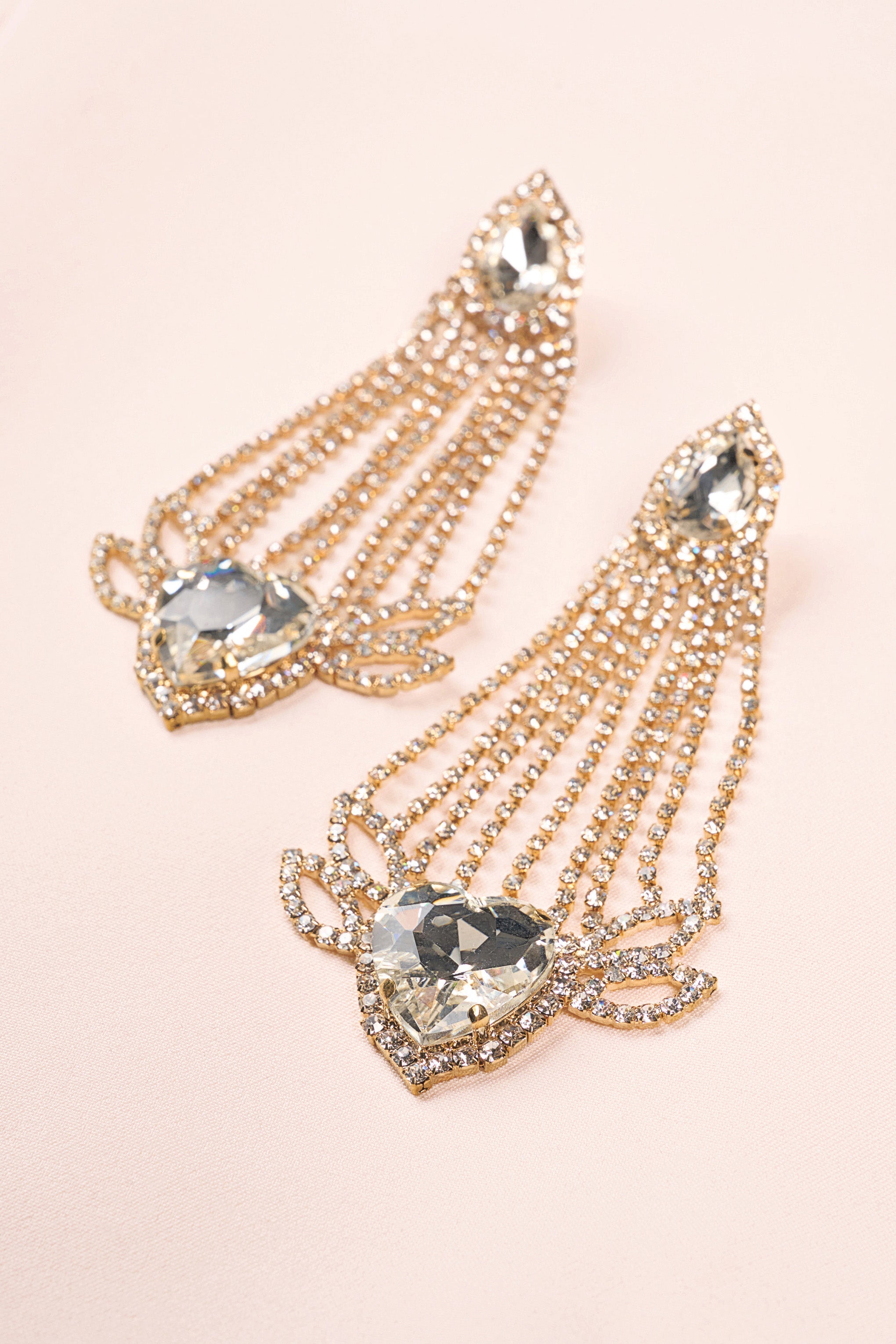 Fiorella Gold Diamante Heart Crystal Shape Drop Earrings-Fashionmomo.All Rights Reserved