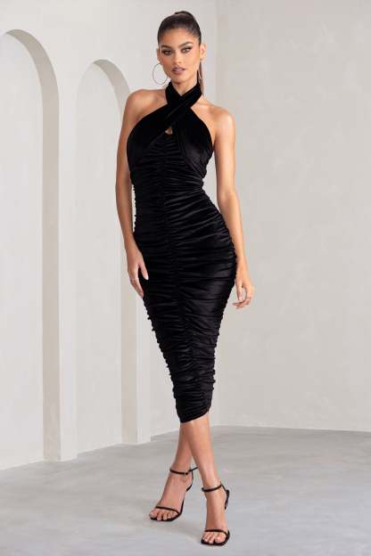 Hourglass Black Velvet Halterneck Ruched Midi Dress-Fashionmomo.All Rights Reserved