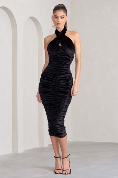 Hourglass Black Velvet Halterneck Ruched Midi Dress-Fashionmomo.All Rights Reserved