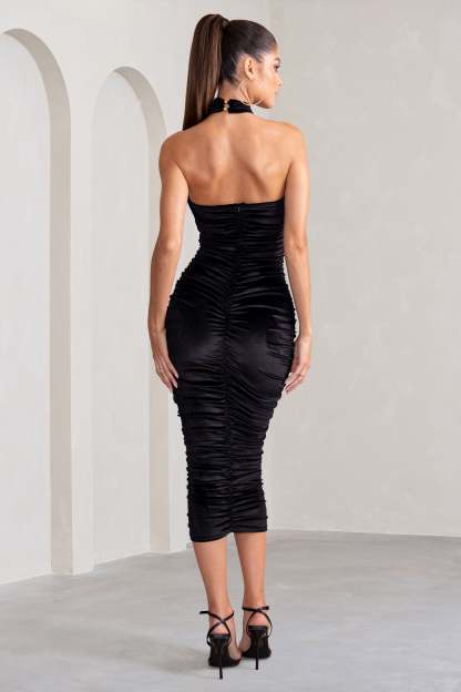 Hourglass Black Velvet Halterneck Ruched Midi Dress-Fashionmomo.All Rights Reserved