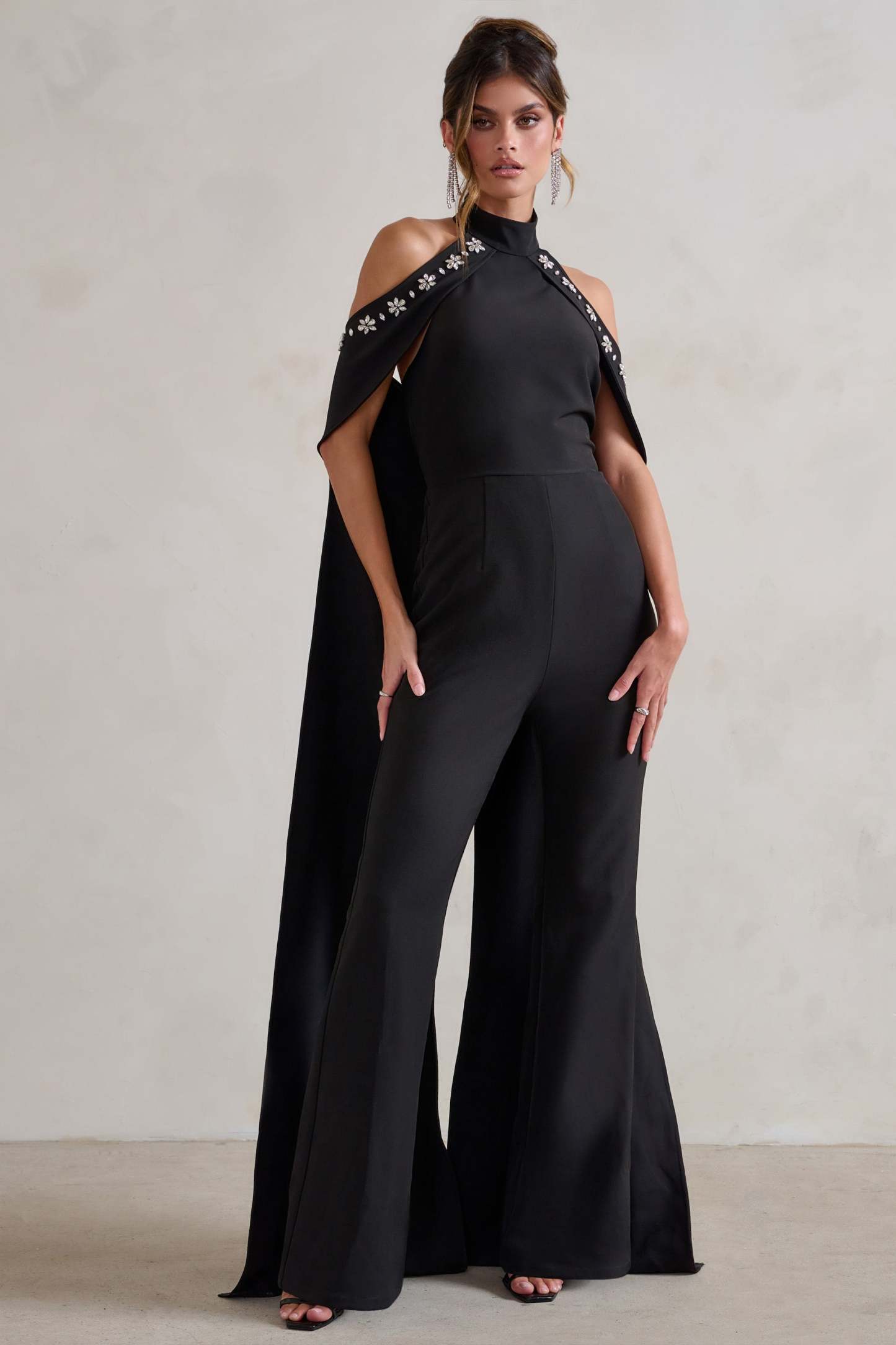 Angel Black High Neck Jumpsuit with Cold Shoulder Cape Sleeves-Fashionmomo.All Rights Reserved