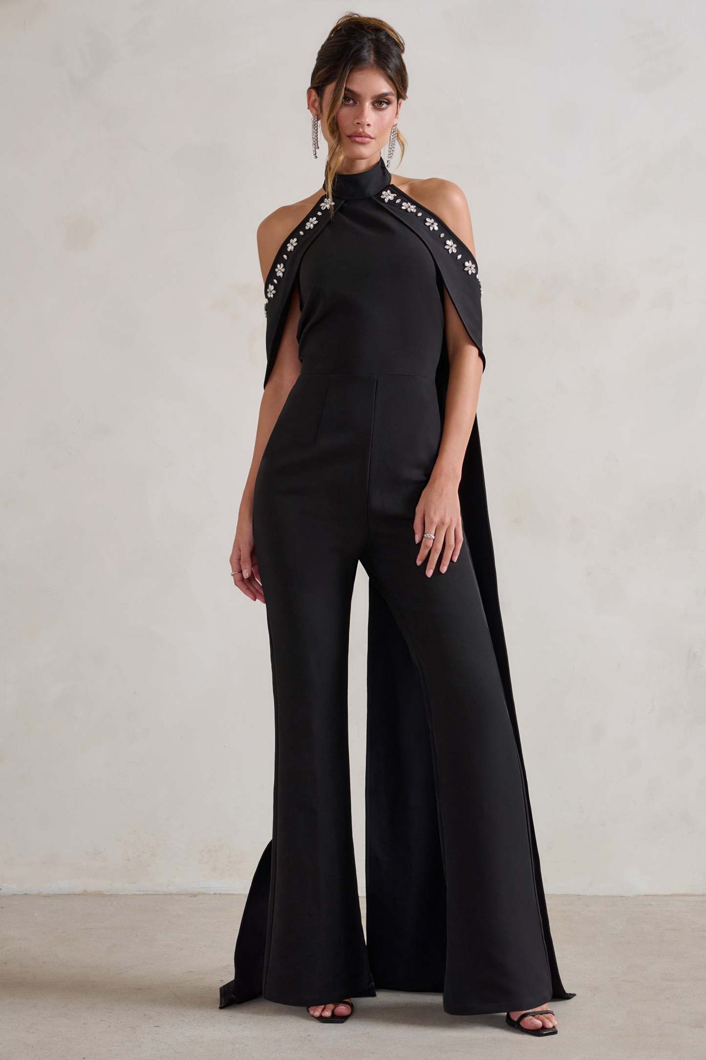 Angel Black High Neck Jumpsuit with Cold Shoulder Cape Sleeves-Fashionmomo.All Rights Reserved