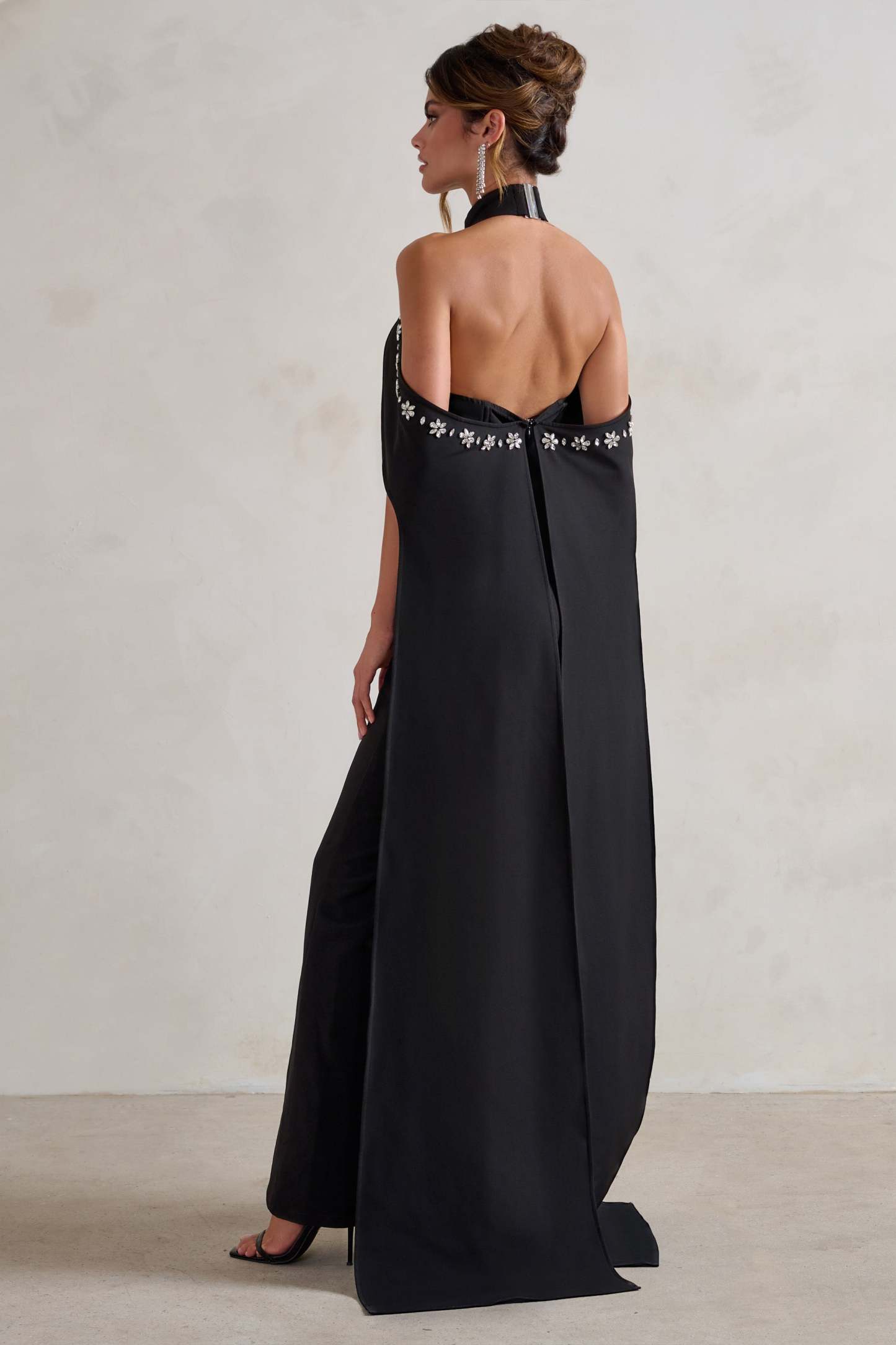 Angel Black High Neck Jumpsuit with Cold Shoulder Cape Sleeves-Fashionmomo.All Rights Reserved