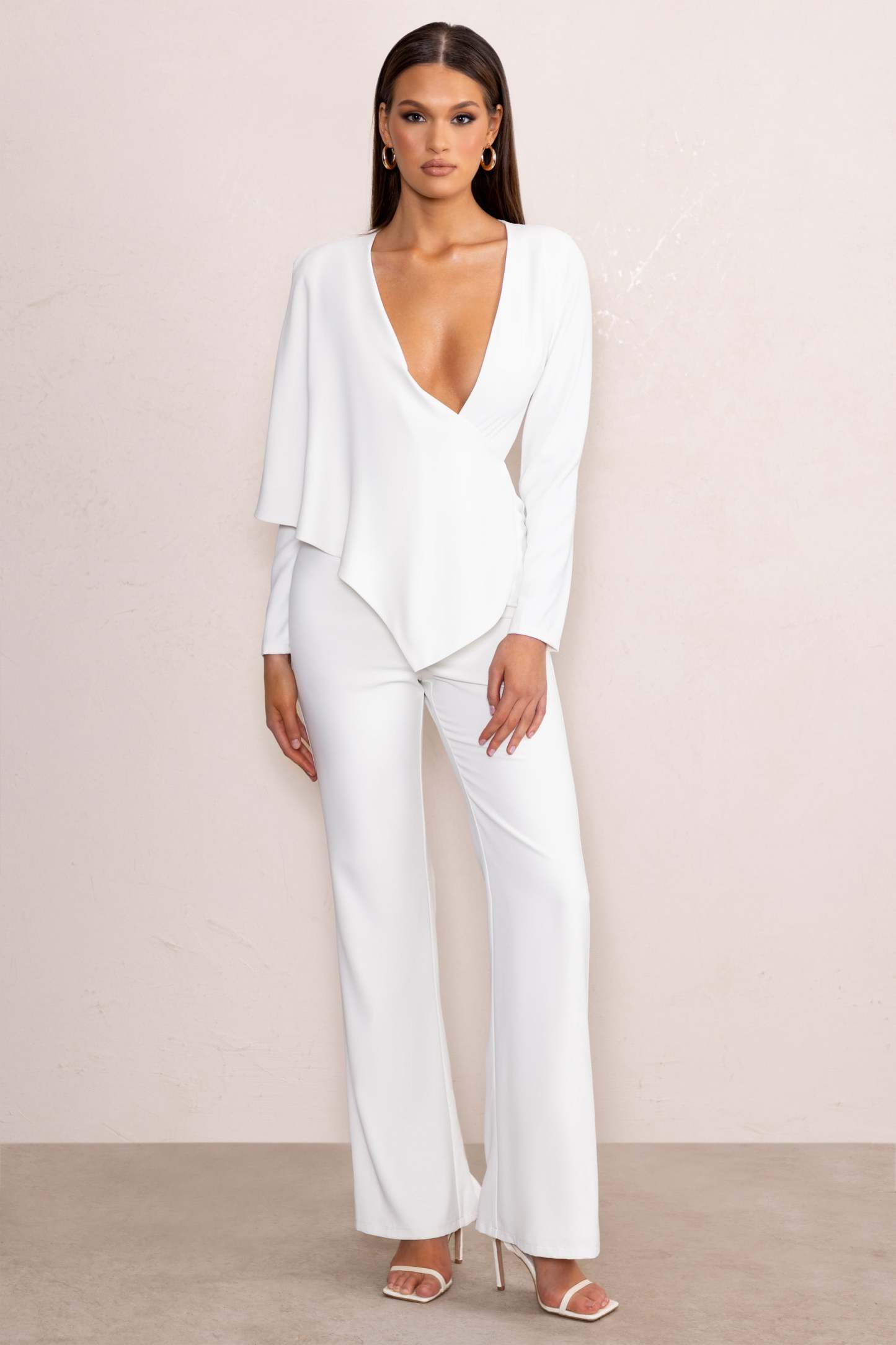 Erika White Plunge Jumpsuit with One-Shoulder Cape Overlay-Fashionmomo.All Rights Reserved