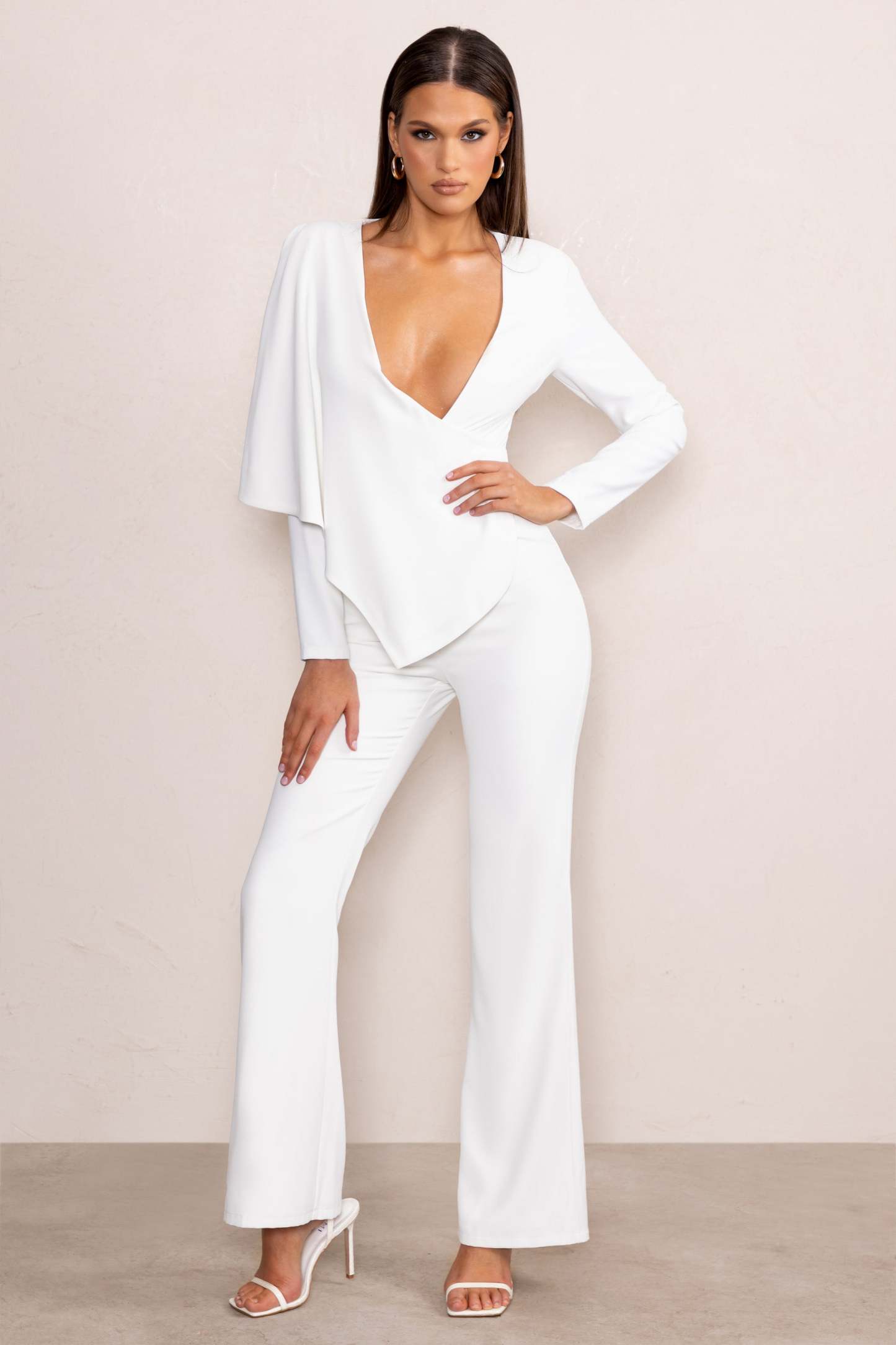 Erika White Plunge Jumpsuit with One-Shoulder Cape Overlay-Fashionmomo.All Rights Reserved