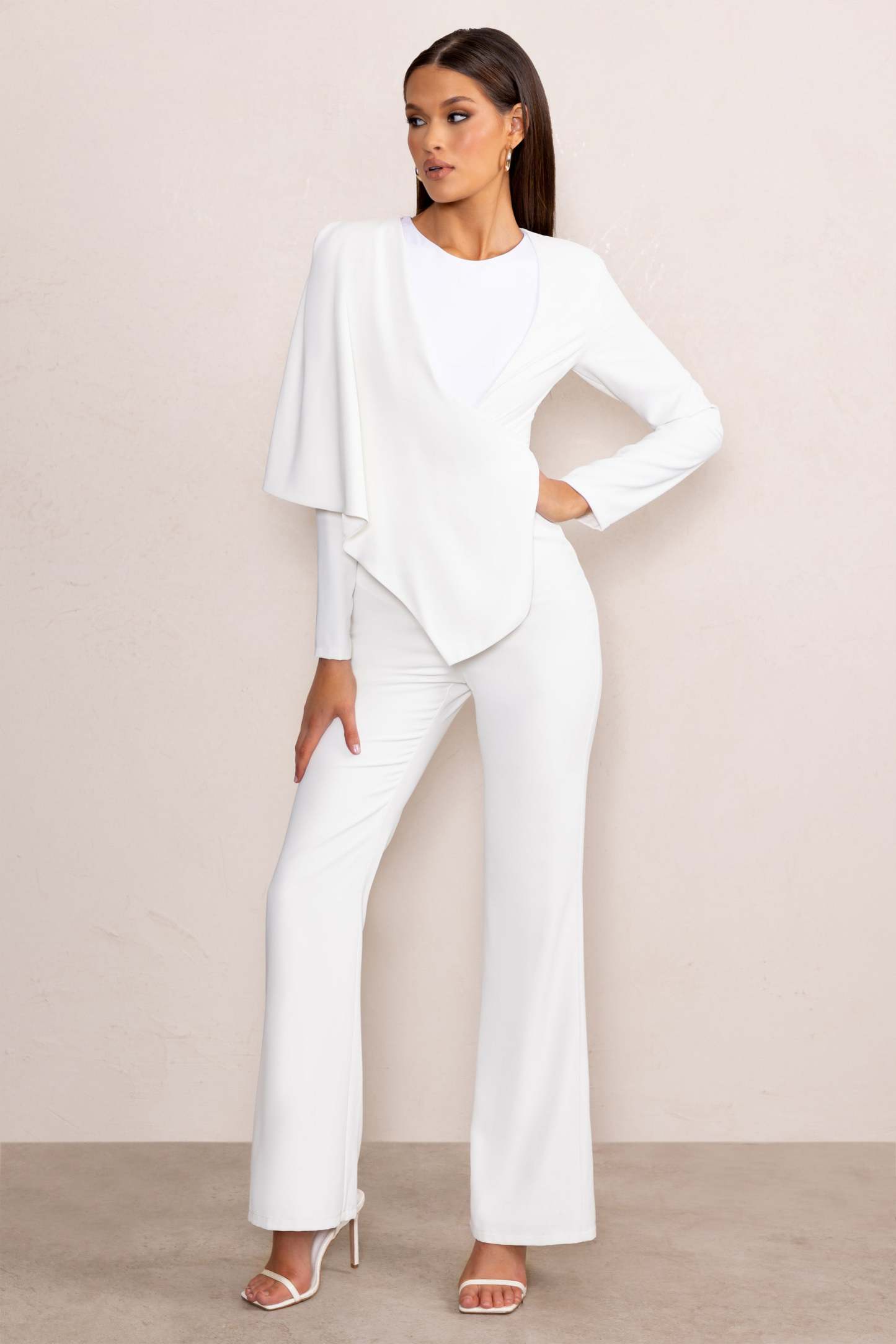 Erika White Plunge Jumpsuit with One-Shoulder Cape Overlay-Fashionmomo.All Rights Reserved