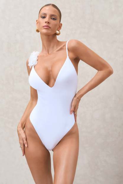 Florelle White Plunge Flower Trim Swimsuit-Fashionmomo.All Rights Reserved