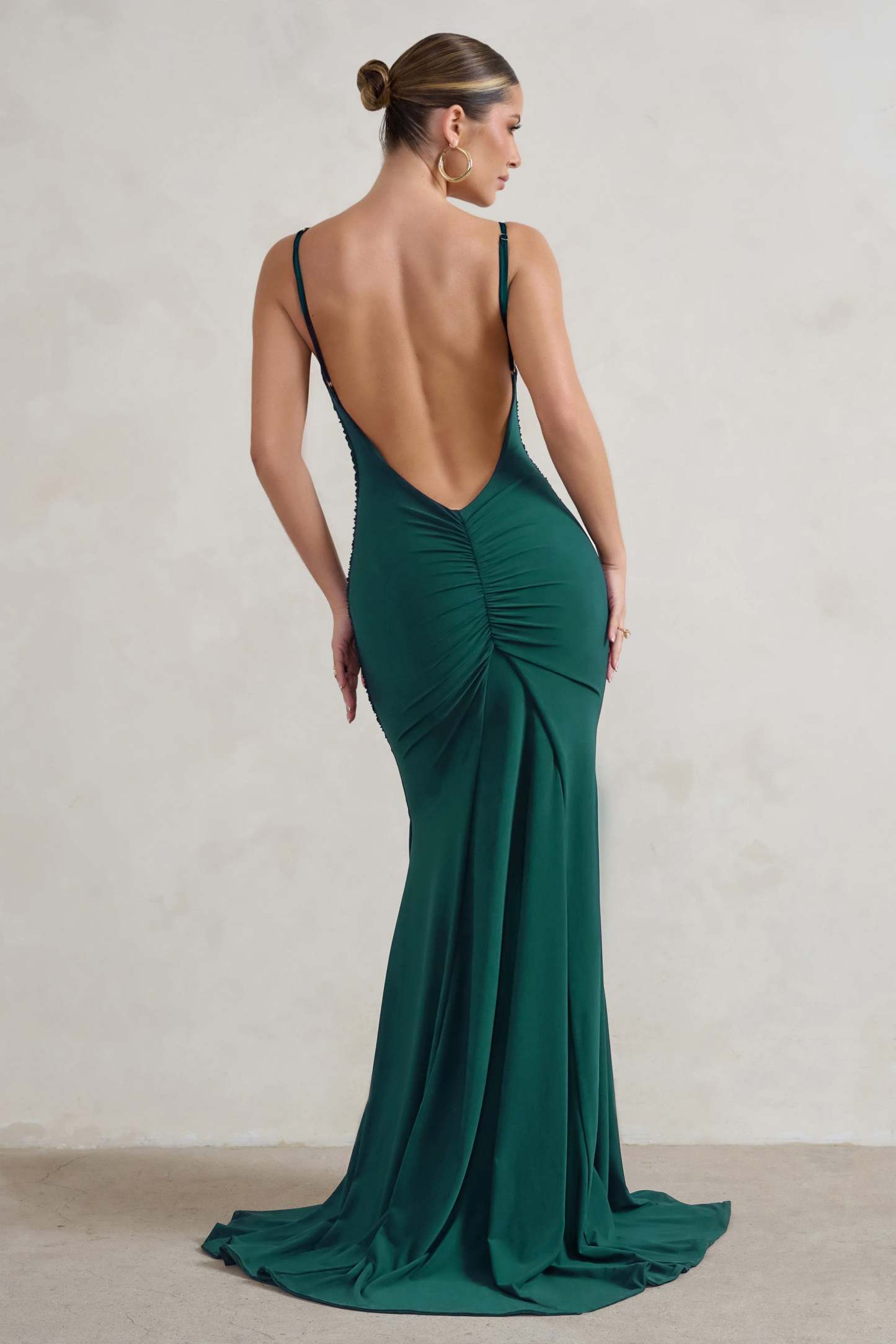 Adele Bottle Green Backless Ruched Fishtail Cami Maxi Dress-Fashionmomo.All Rights Reserved