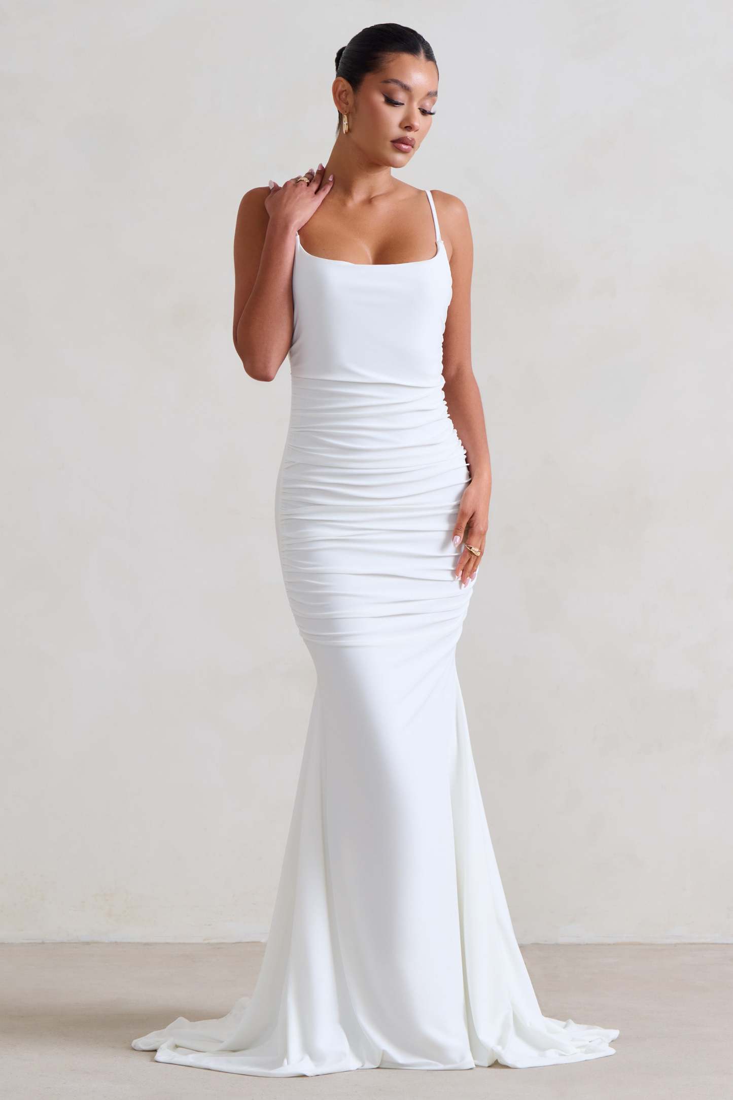 Adele White Ruched Fishtail Cami Maxi Dress-Fashionmomo.All Rights Reserved