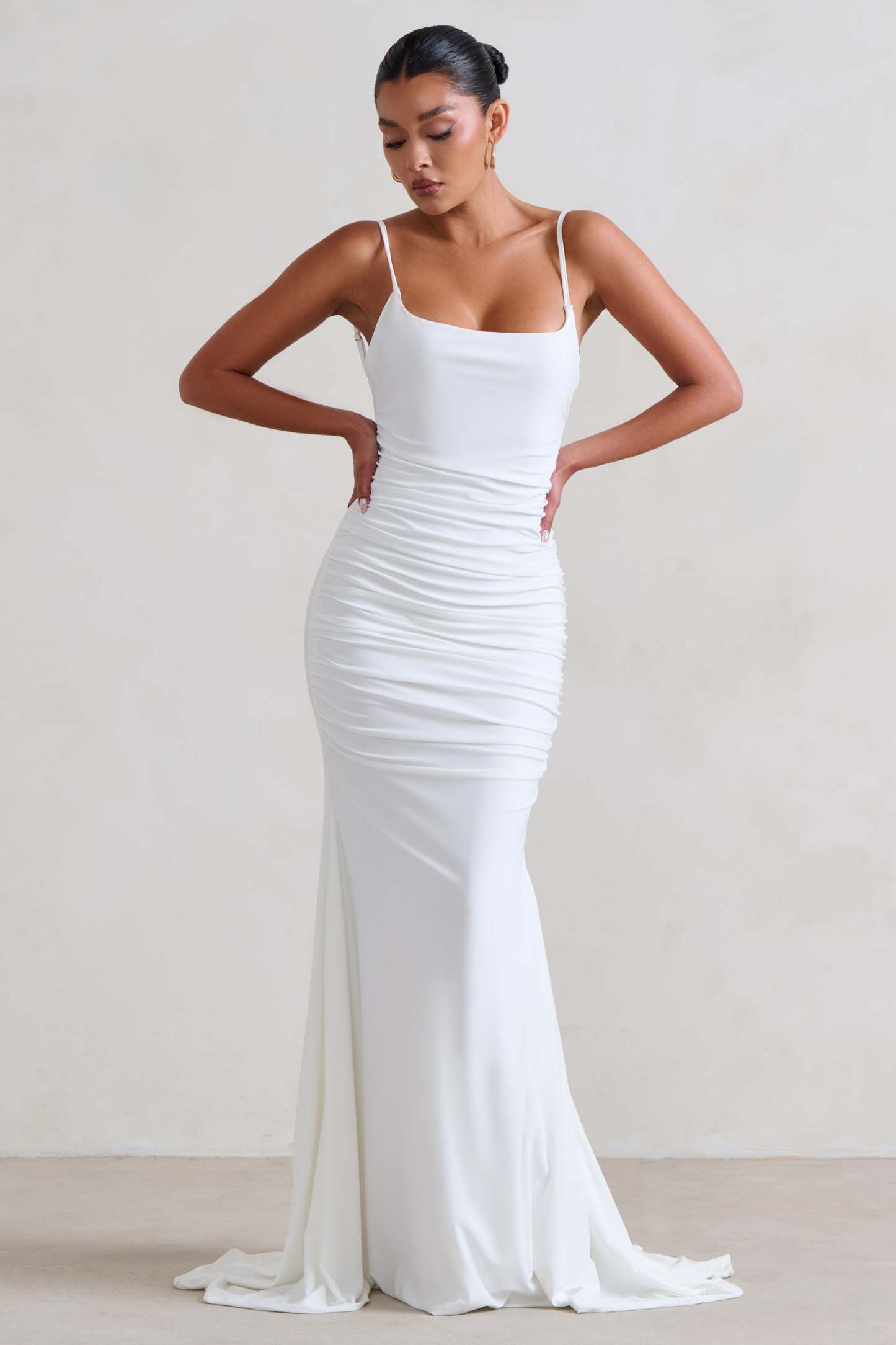 Adele White Ruched Fishtail Cami Maxi Dress-Fashionmomo.All Rights Reserved