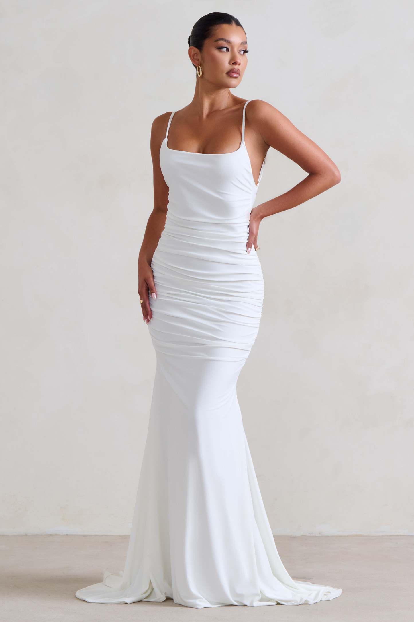 Adele White Ruched Fishtail Cami Maxi Dress-Fashionmomo.All Rights Reserved