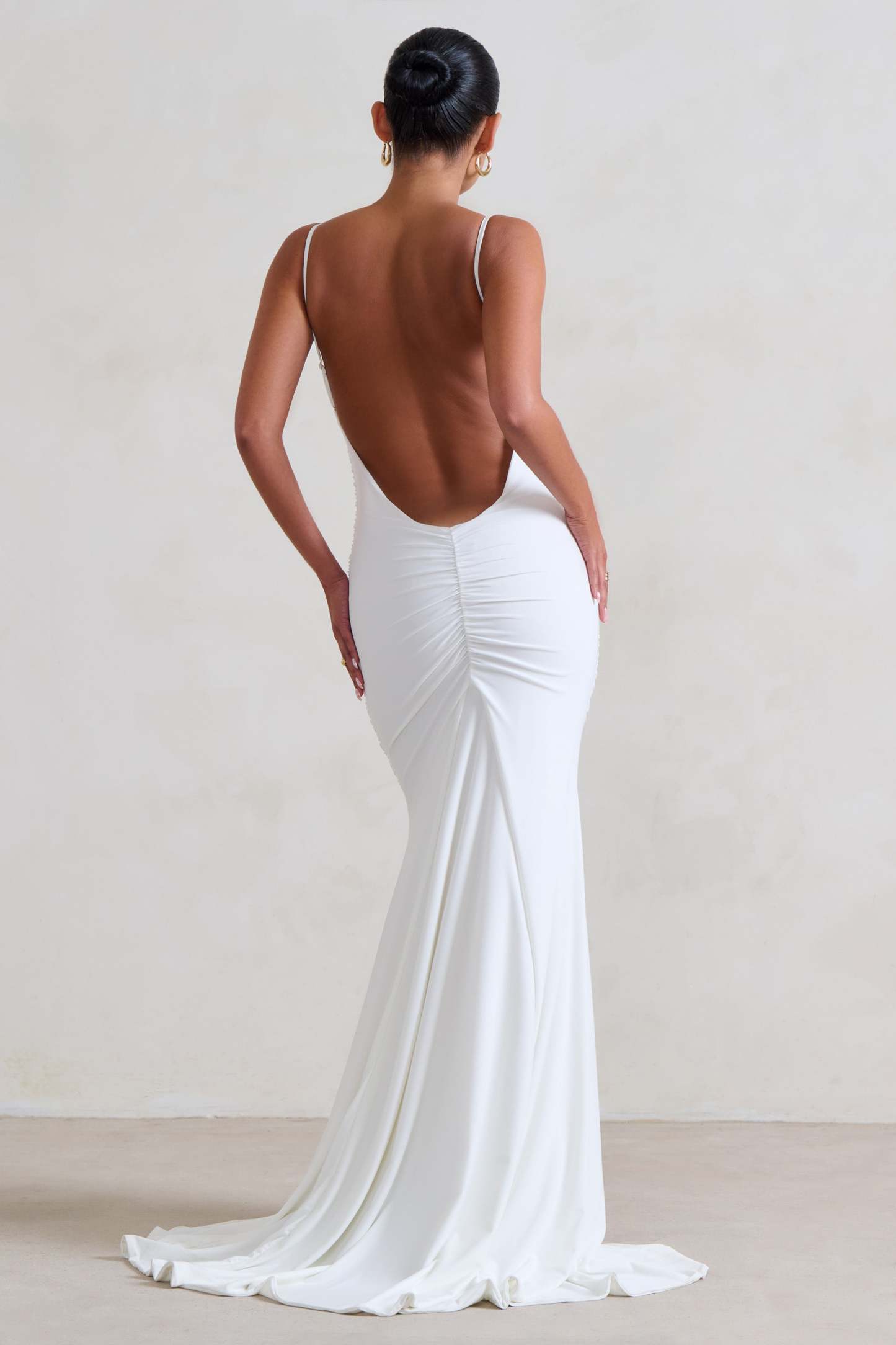 Adele White Ruched Fishtail Cami Maxi Dress-Fashionmomo.All Rights Reserved