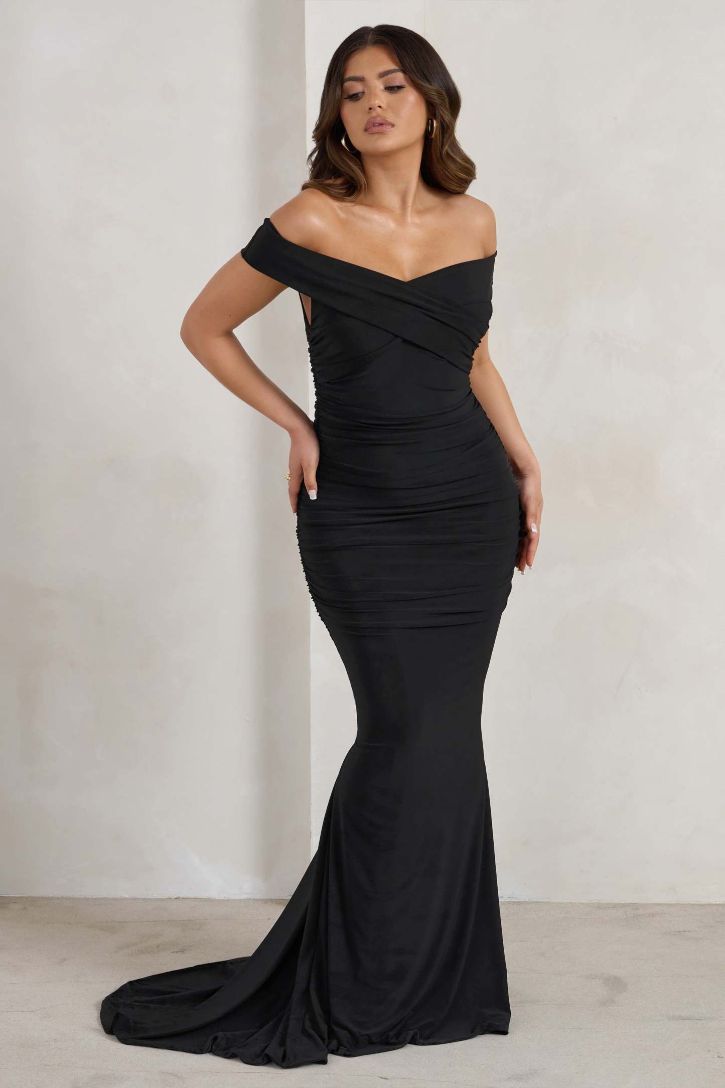 Apolline Black Off The Shoulder Ruched Fishtail Maxi Dress-Fashionmomo.All Rights Reserved