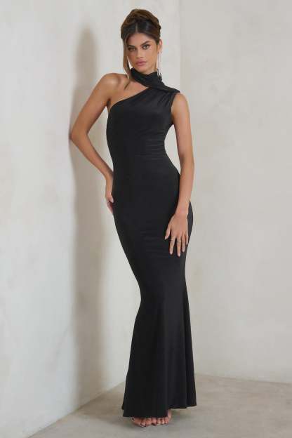 Capucine Black Asymmetric Draped Maxi Dress-Fashionmomo.All Rights Reserved