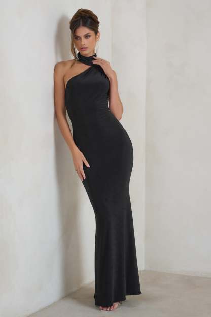 Capucine Black Asymmetric Draped Maxi Dress-Fashionmomo.All Rights Reserved