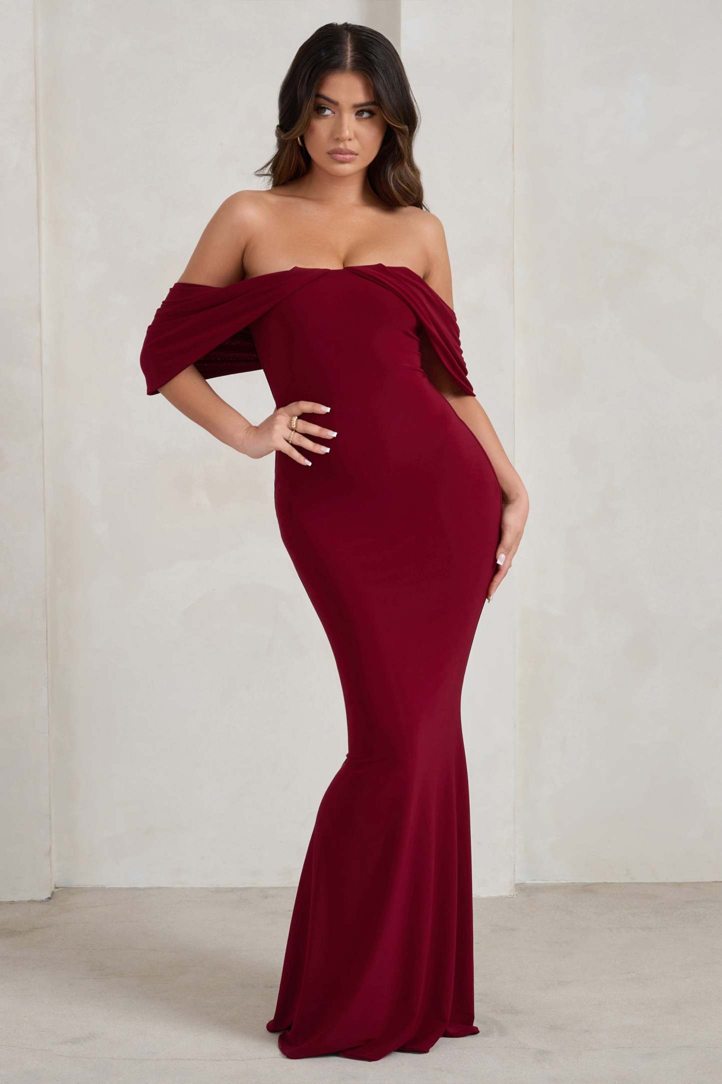 Gabrielle Berry Red Bardot Neckline With Drape Sleeves Maxi Dress-Fashionmomo.All Rights Reserved