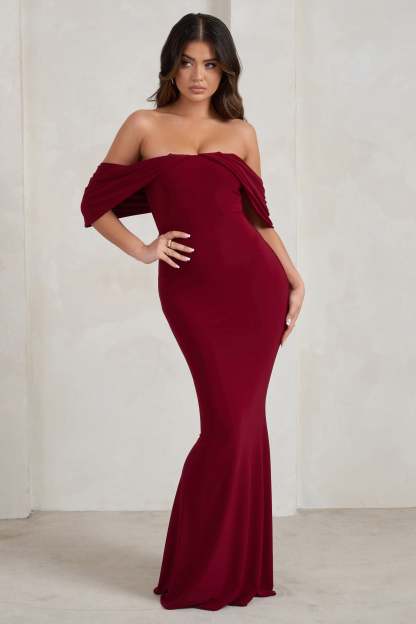 Gabrielle Berry Red Bardot Neckline With Drape Sleeves Maxi Dress-Fashionmomo.All Rights Reserved
