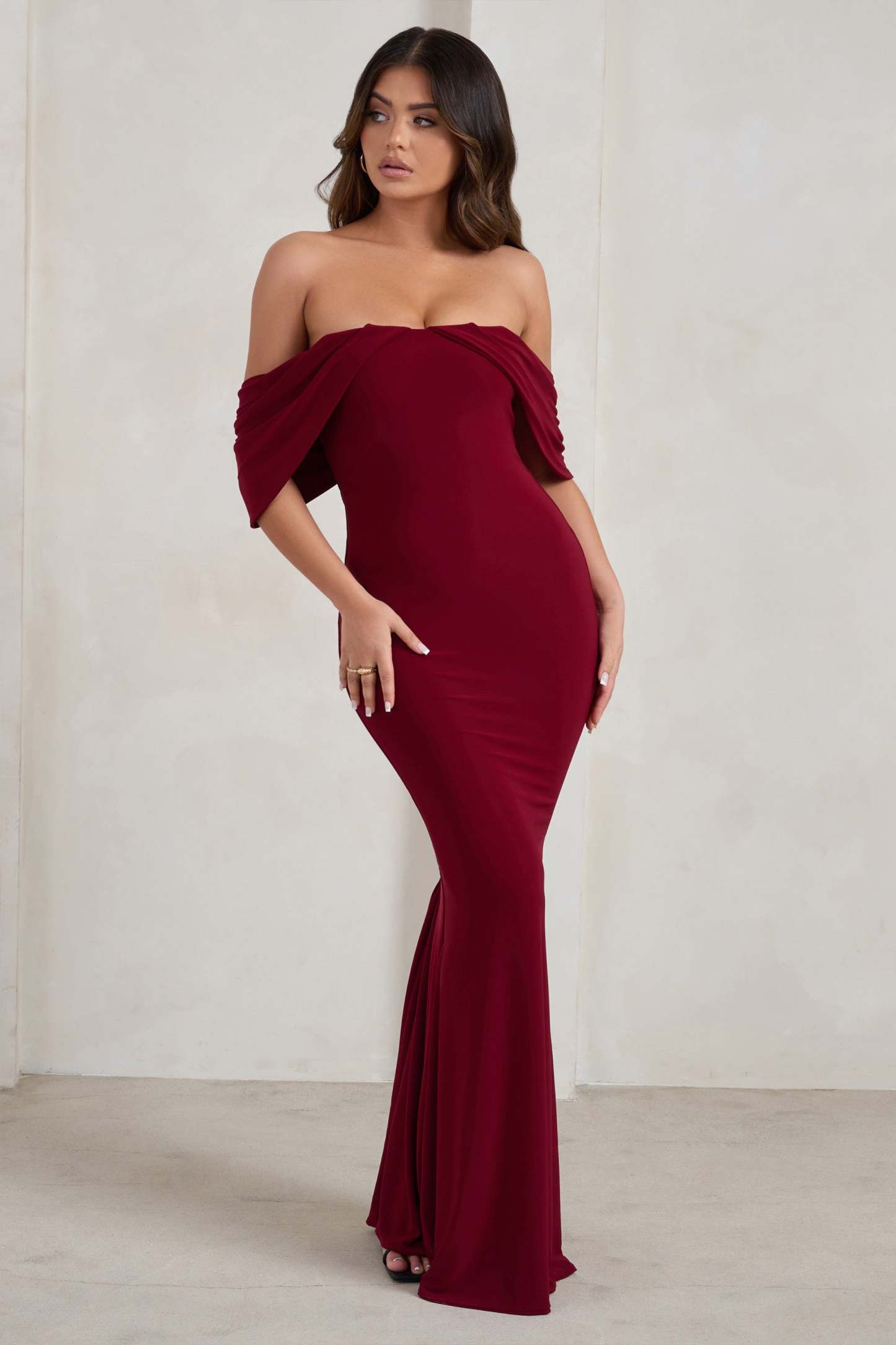 Gabrielle Berry Red Bardot Neckline With Drape Sleeves Maxi Dress-Fashionmomo.All Rights Reserved