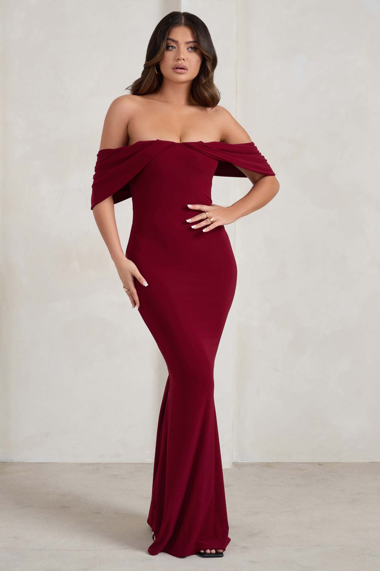 Gabrielle Berry Red Bardot Neckline With Drape Sleeves Maxi Dress-Fashionmomo.All Rights Reserved