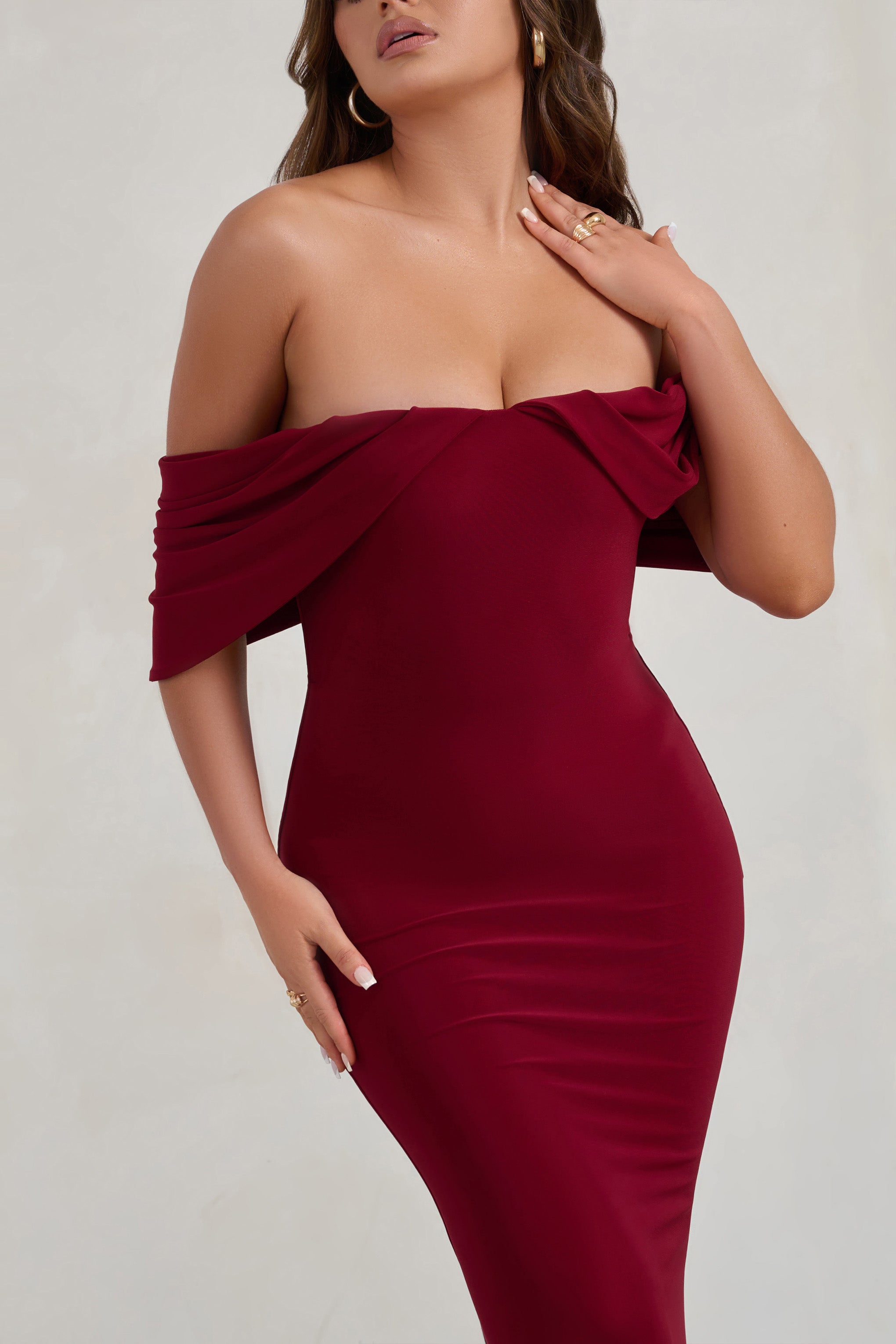 Gabrielle Berry Red Bardot Neckline With Drape Sleeves Maxi Dress-Fashionmomo.All Rights Reserved