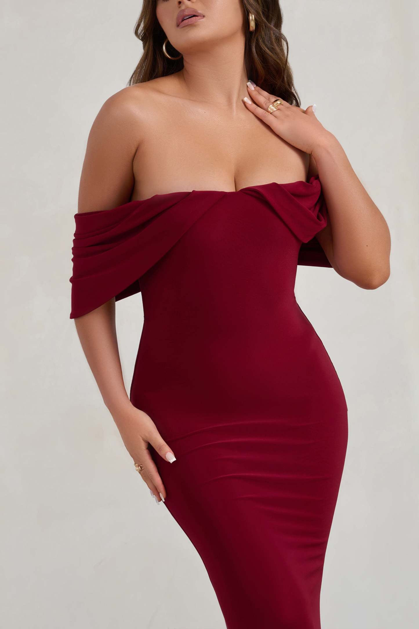 Gabrielle Berry Red Bardot Neckline With Drape Sleeves Maxi Dress-Fashionmomo.All Rights Reserved