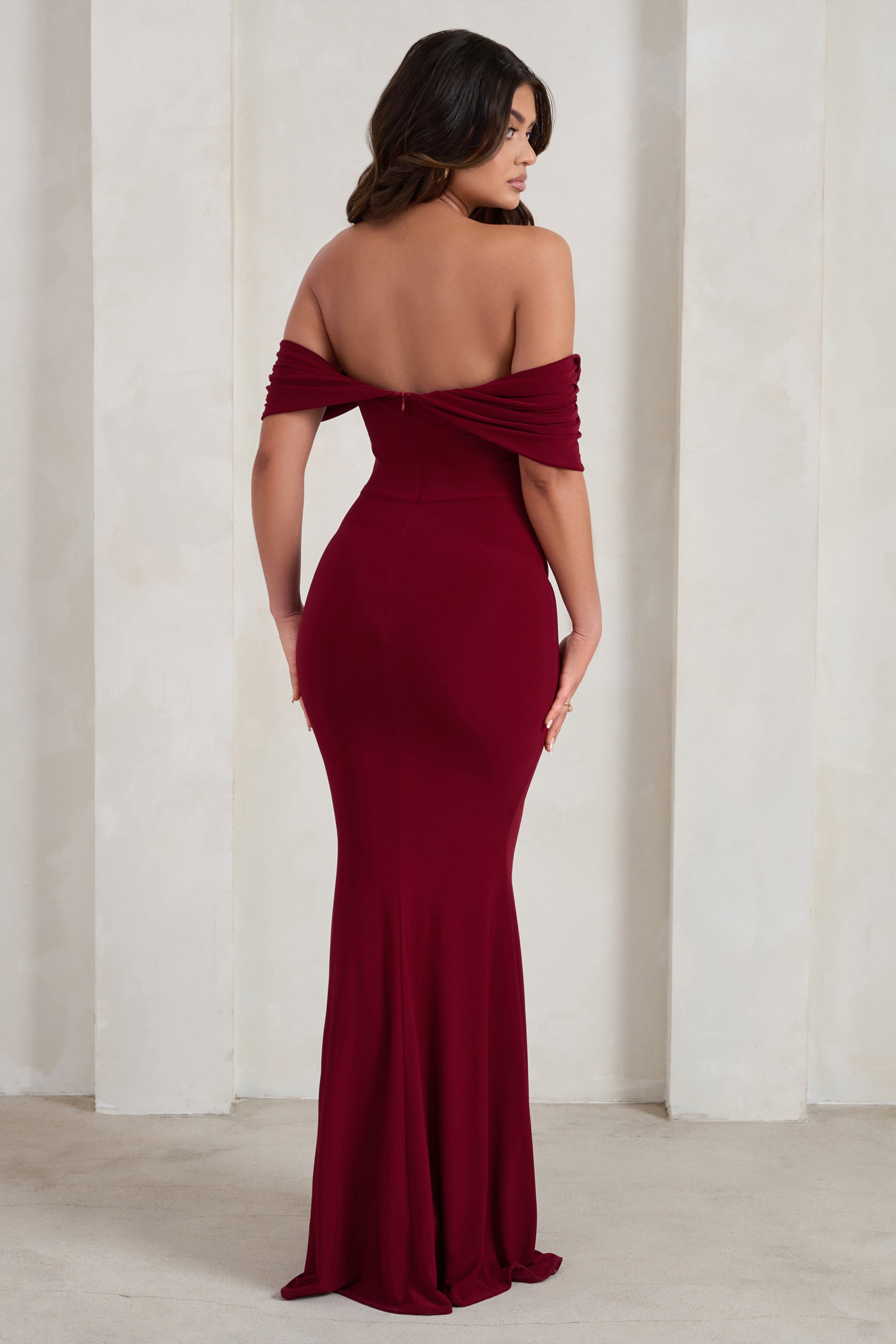 Gabrielle Berry Red Bardot Neckline With Drape Sleeves Maxi Dress-Fashionmomo.All Rights Reserved