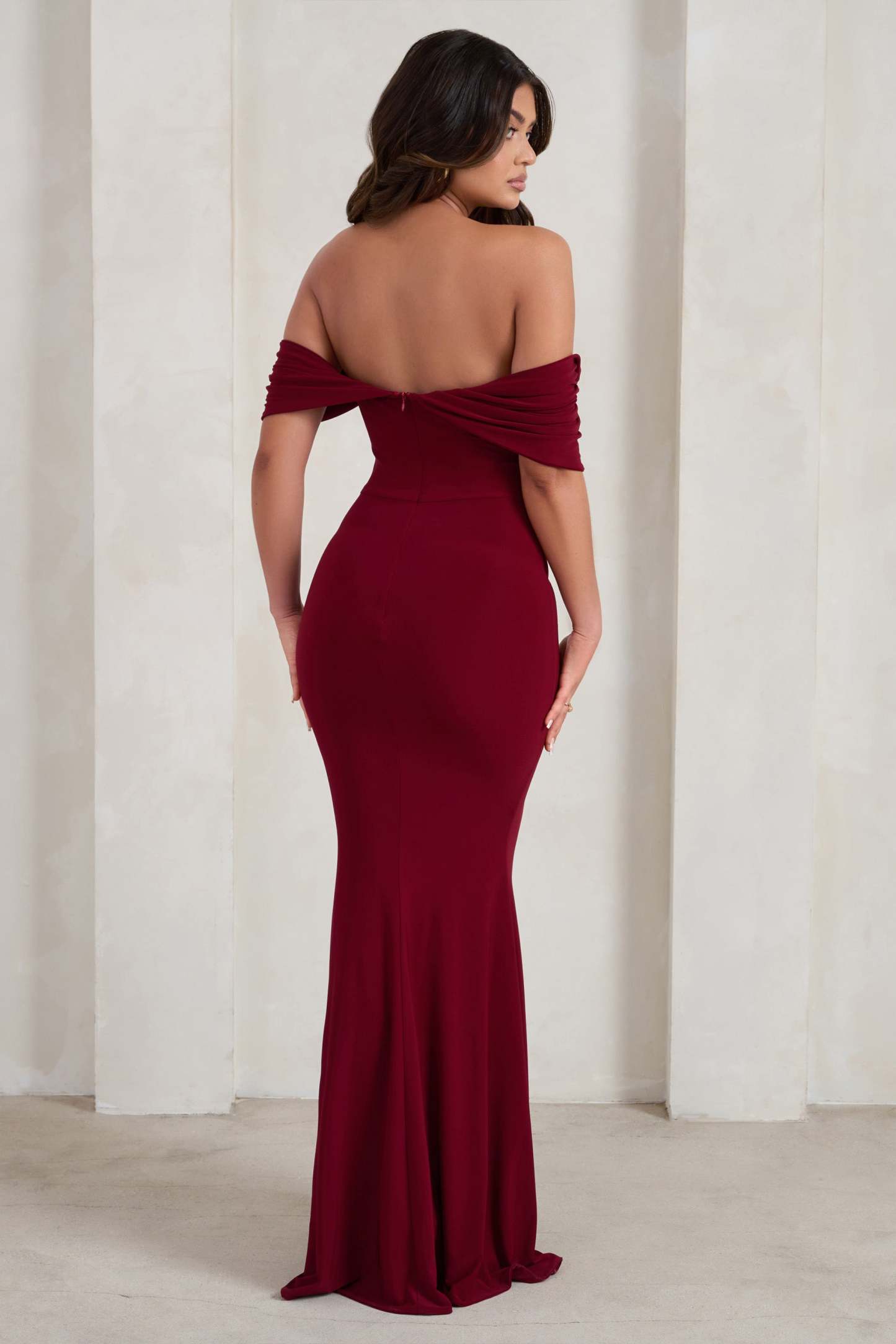Gabrielle Berry Red Bardot Neckline With Drape Sleeves Maxi Dress-Fashionmomo.All Rights Reserved