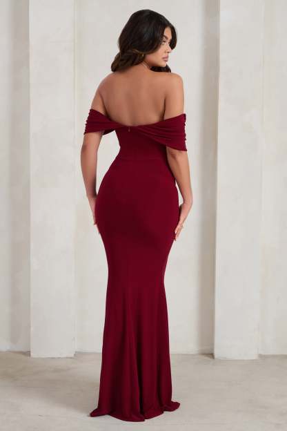 Gabrielle Berry Red Bardot Neckline With Drape Sleeves Maxi Dress-Fashionmomo.All Rights Reserved